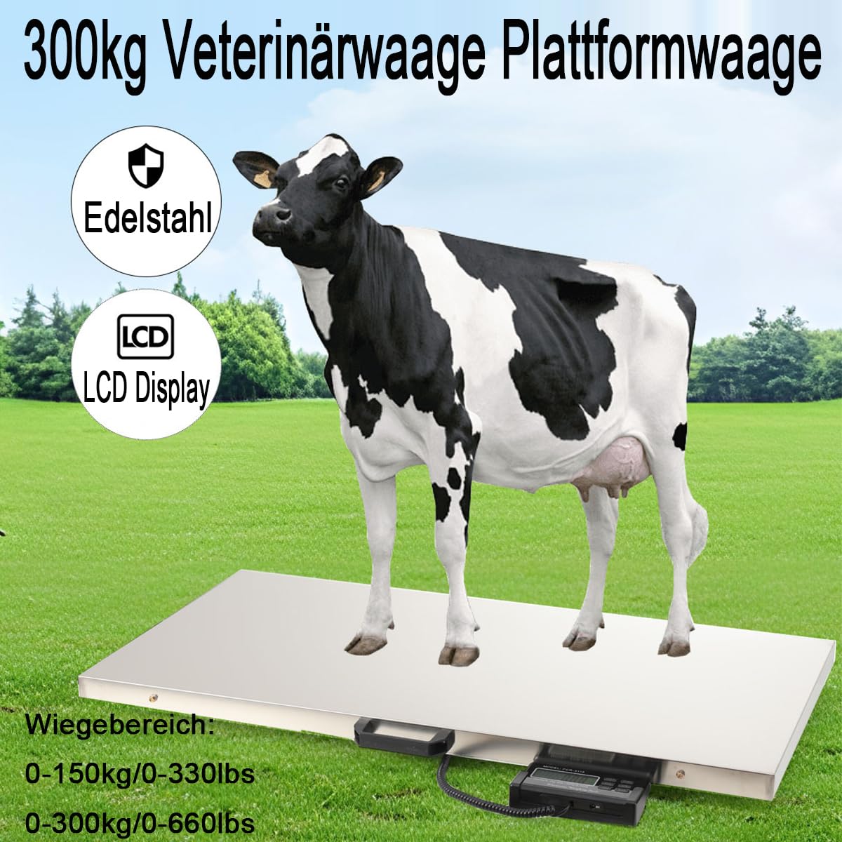 Veterinärwaage 103x53cm, 150kg/50g 300kg/100g Bodenwaage Plattformwaage, LCD Digitalwaage Große Tierwaage Hundewaage Paketwaage Haustierwaage
