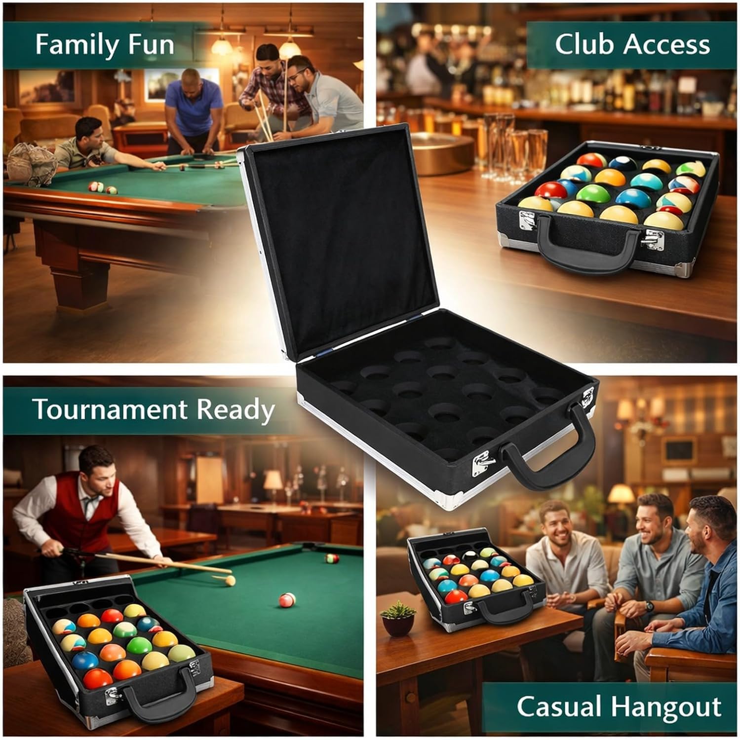 Pool Ball Bag Billiard Balls Storage Box with Carry Handle, Foam Padded, 16 Ball Capacity - Portable, Secure Stainless Steel Latches, Ideal for Snooker and Pool Players