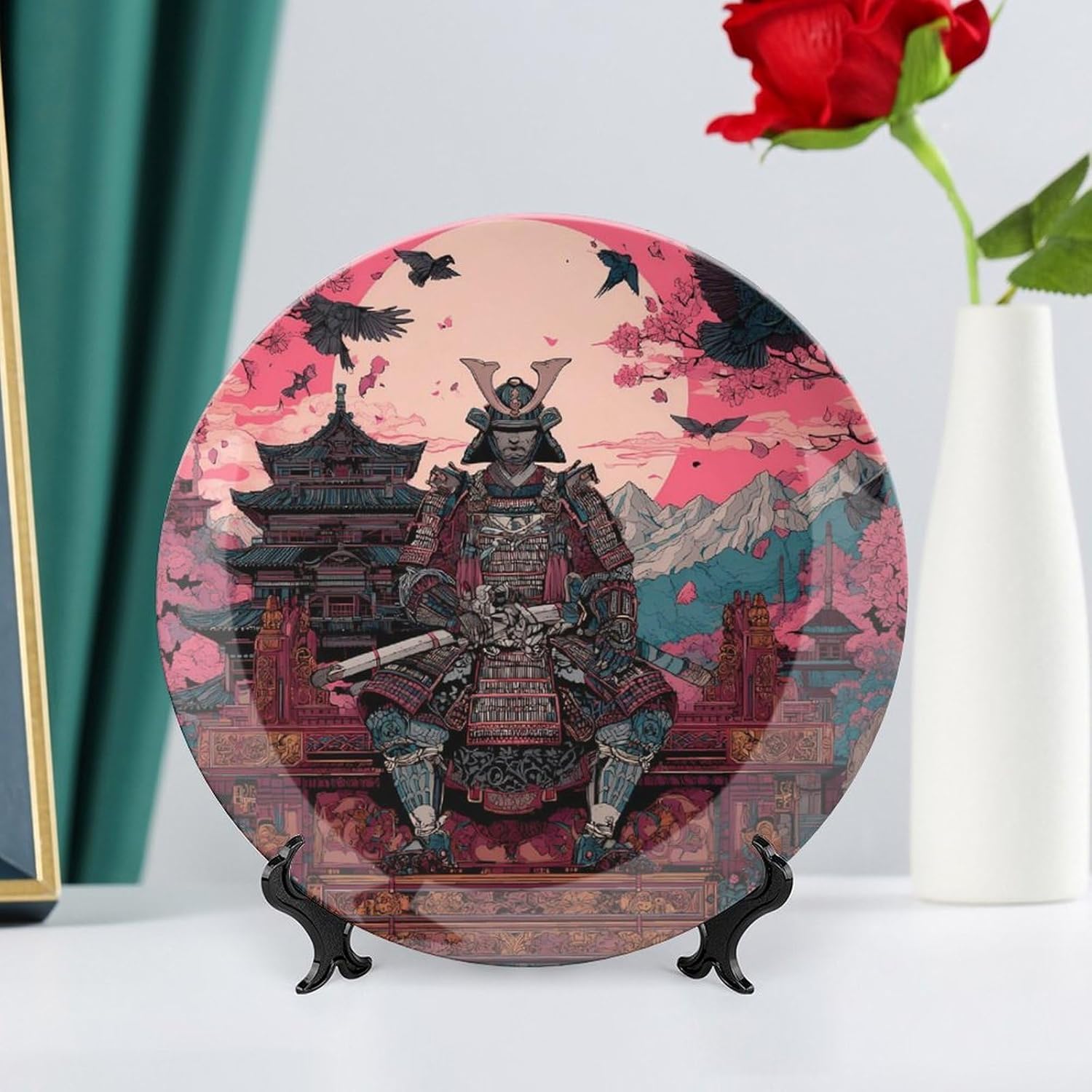 Japanese Samurai with Sword Armor Novelty Decorative Plate with Display Stand Ceramic Ornament Hanging Wall Decor