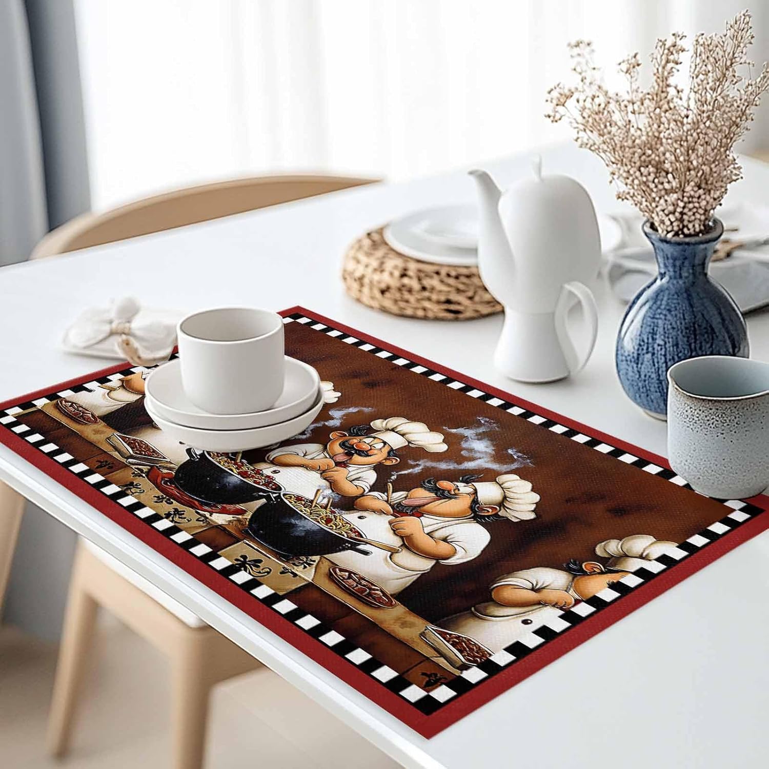 Funny Chefs Placemats Set of 6, Cooking Scene Non-Skid Place Mats, Holiday Table Mats, Washable Stain-Resistance Tablemats for Party/Dining Room/Kitchen Decorations