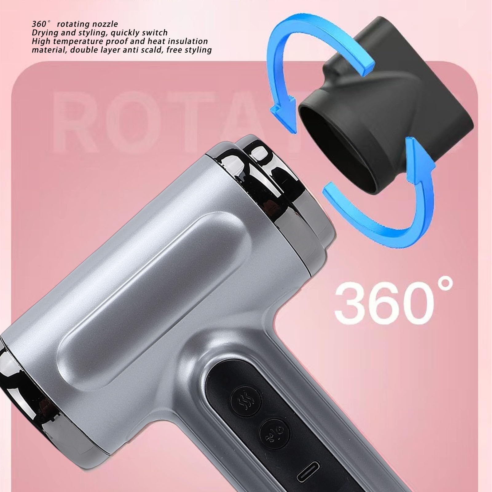 Cuifati Secador de Pelo Inalámbrico, Secador de Pelo Recargable USB de 200 W 15600 MAh, de Portátil con Boquilla Concentradora para Viajes, Camping, Dormitorio