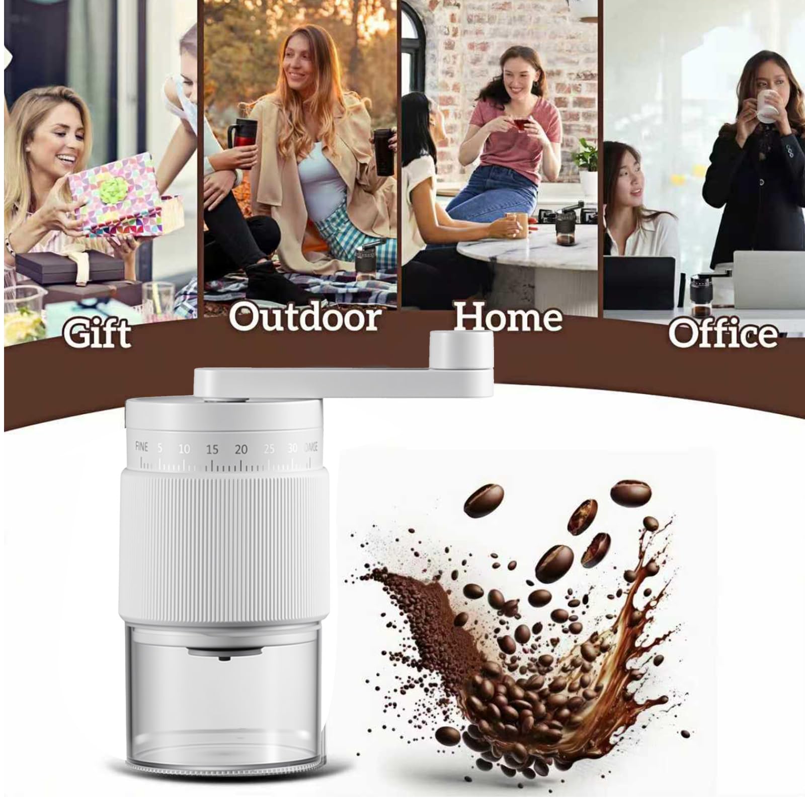 Macinacaffè Manuale Esterno Regolabile, 35 Impostazioni Regolabilie, Macina Caffè Manuale Portatile con Macine in Ceramica Resistenti per Viaggi, Campeggio, Ufficio, Espresso, Caffè Filtrato (Bianco)