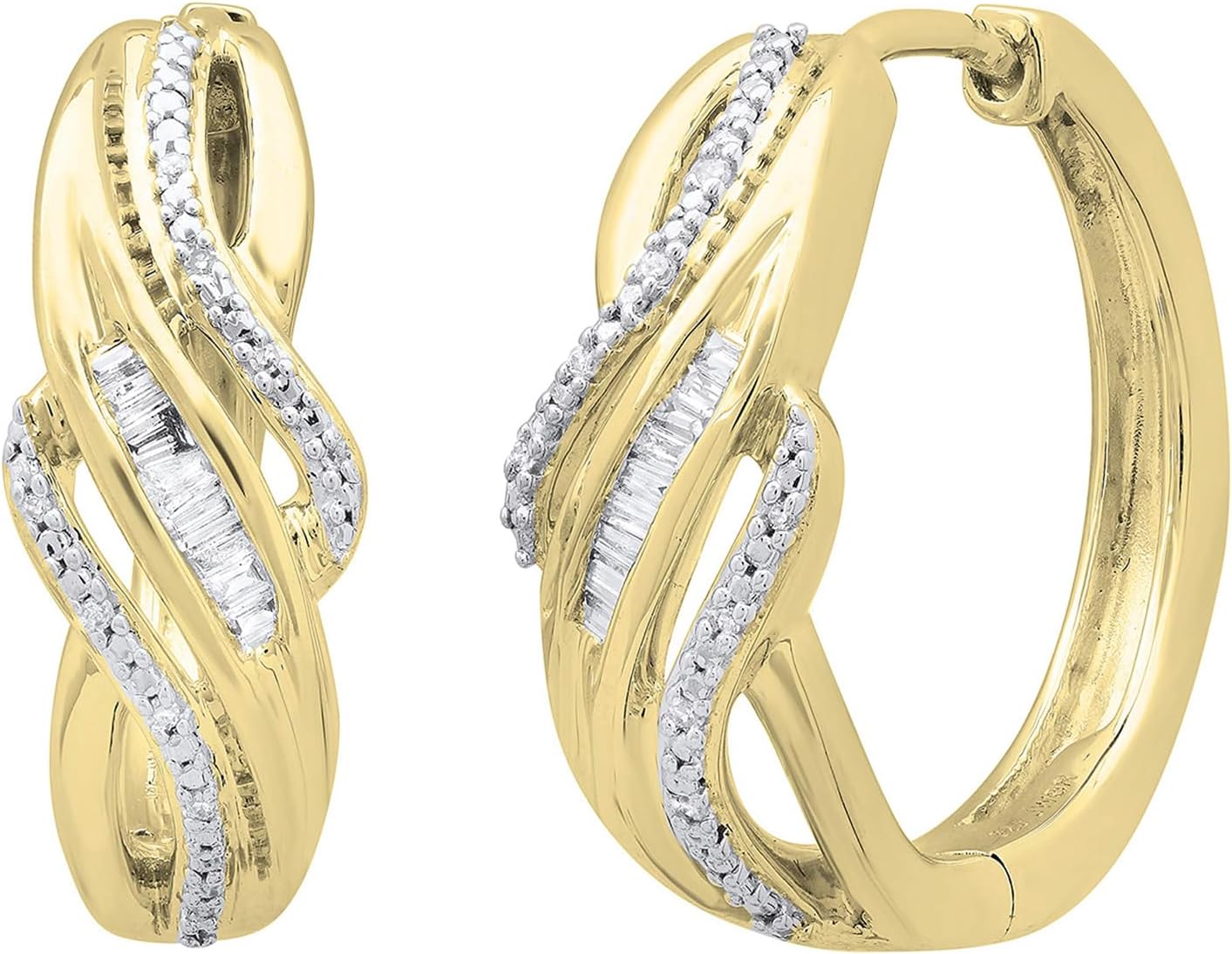 Dazzlingrock Collection 0.10 Ctw Baguette & Round White Natural Diamond Swirl Hinged Post Hoop Earrings for Women in Real Solid Gold & Sterling Silver