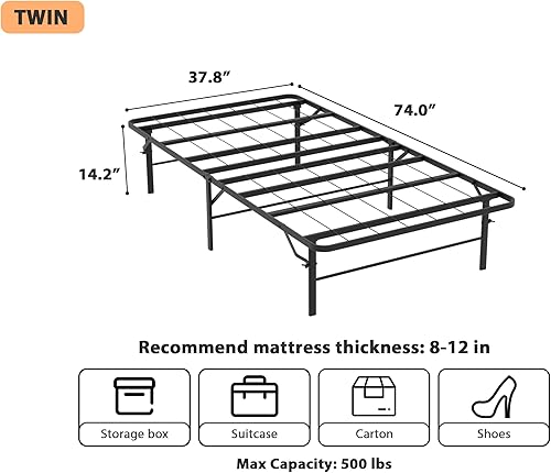 Miniatura 2 de Base de cama plegable de tamaño individual, base de cama de plataforma de metal negro, no necesita somier, base de cama de plataforma de tamaño