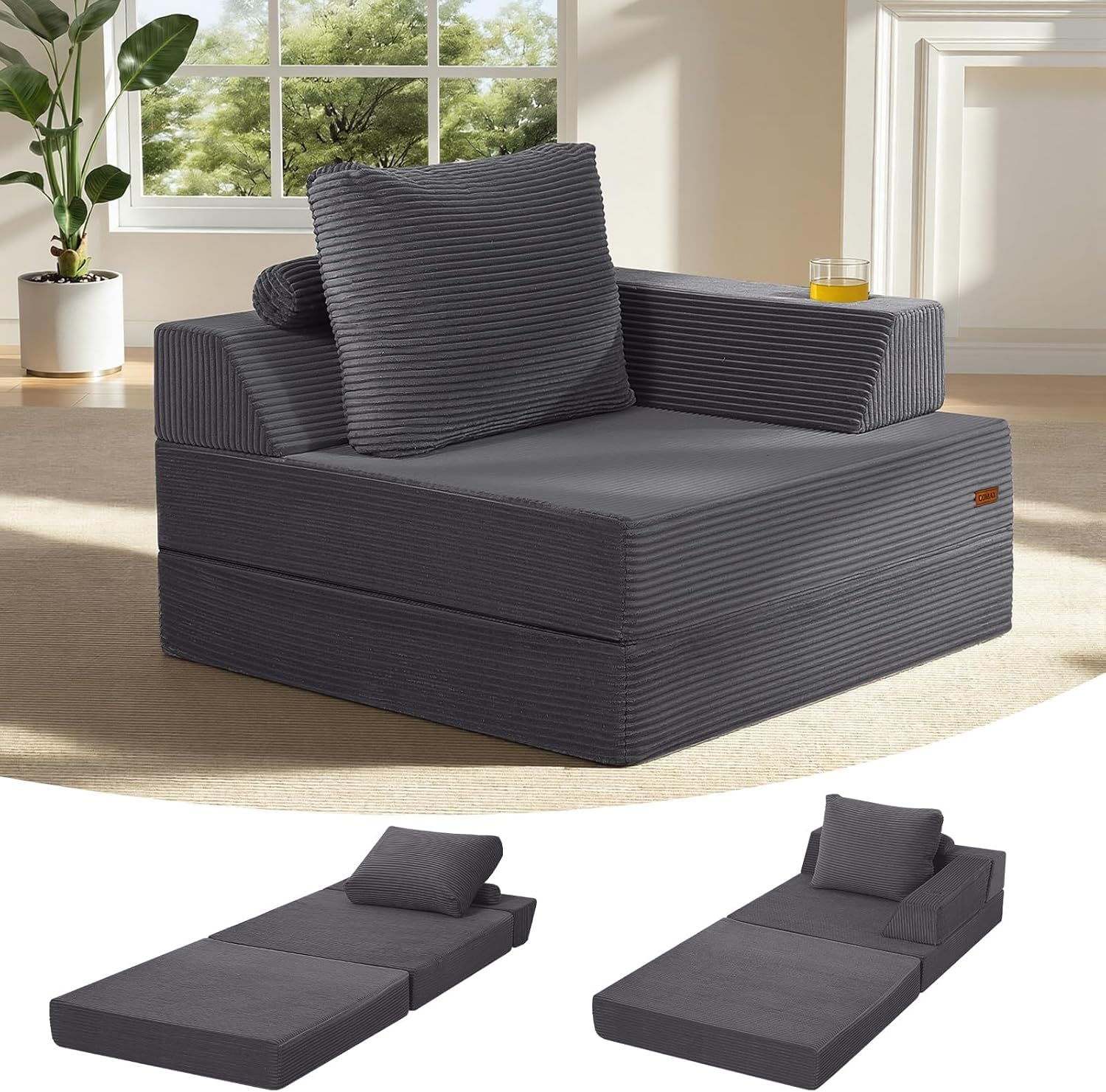 Sofá cama plegable de suelo gris con almohada para salón y dormitorio de diseño convertible