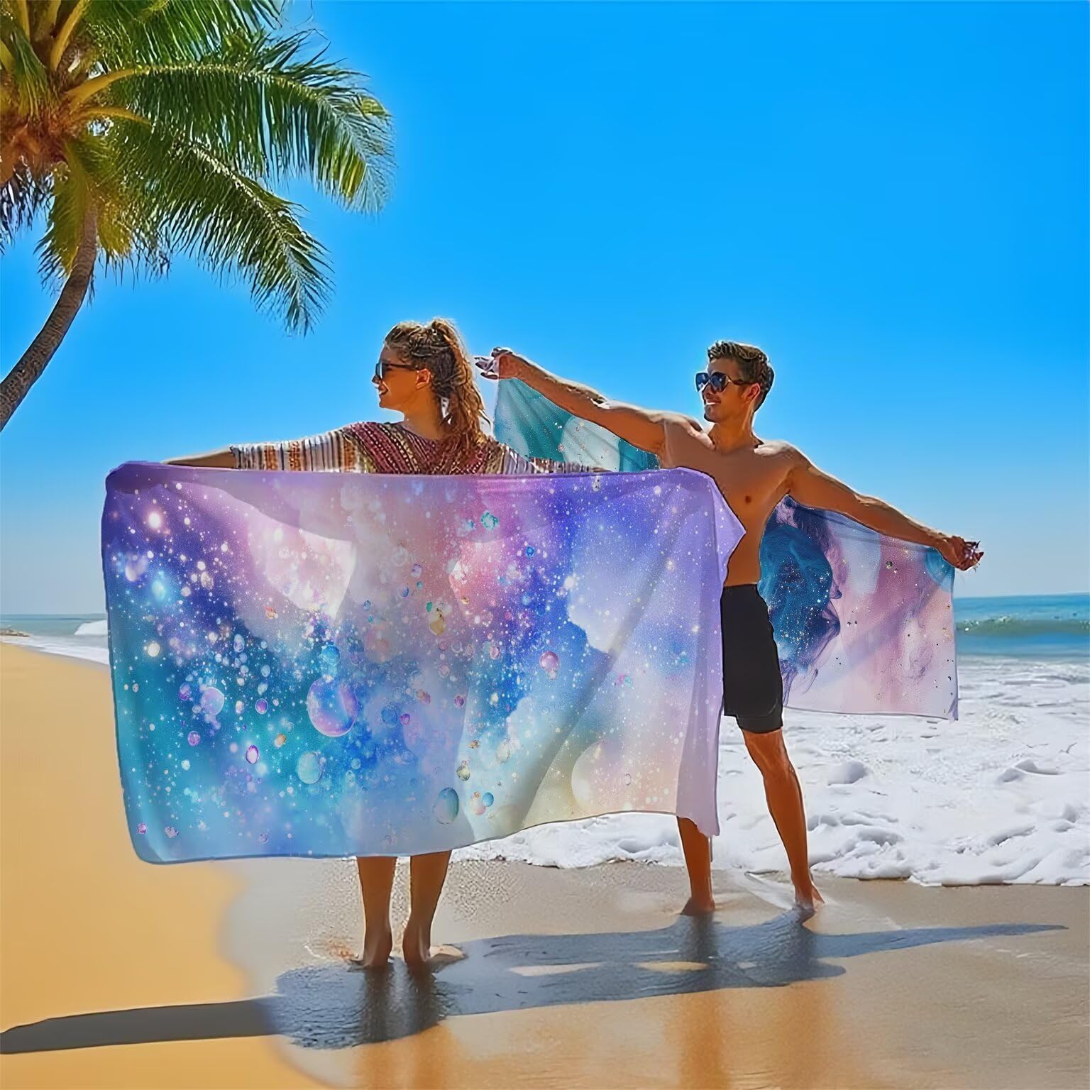 Serviette de Plage 90x180cm, Rêve Serviette Microfibre Lot de 2 Couleur Motif Ultra Absorbantes Séchage Rapide Anti Sable Légère Drap de Plage avec Bouton Pression Design pour Piscine Voyages,Model167