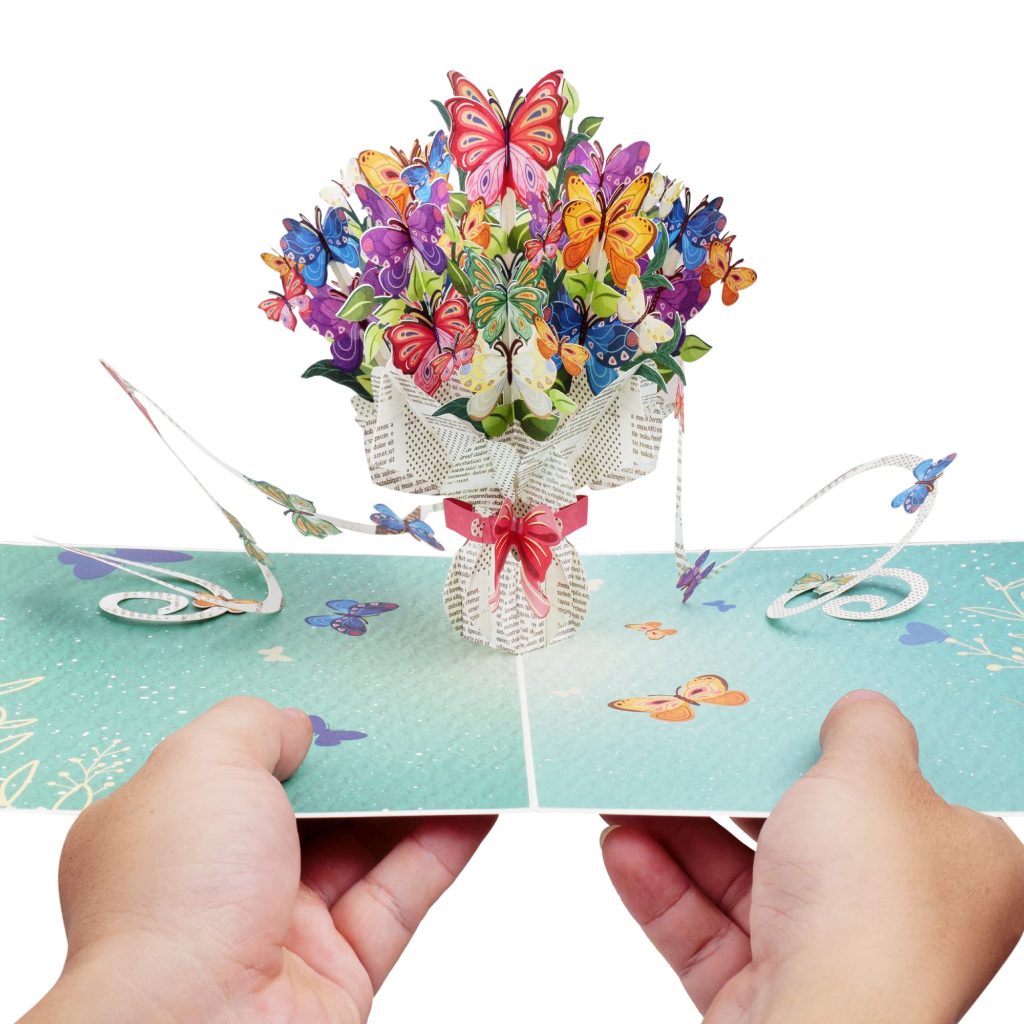 Paper Love Frndly Tarjeta desplegable 3D, ramo y mariposas, todas las ocasiones, Día de la Madre, amor, gracias, porque sí, 100 % reciclada y ecológica, a mano, 20 x 15 cm, etiqueta de notas extraíble