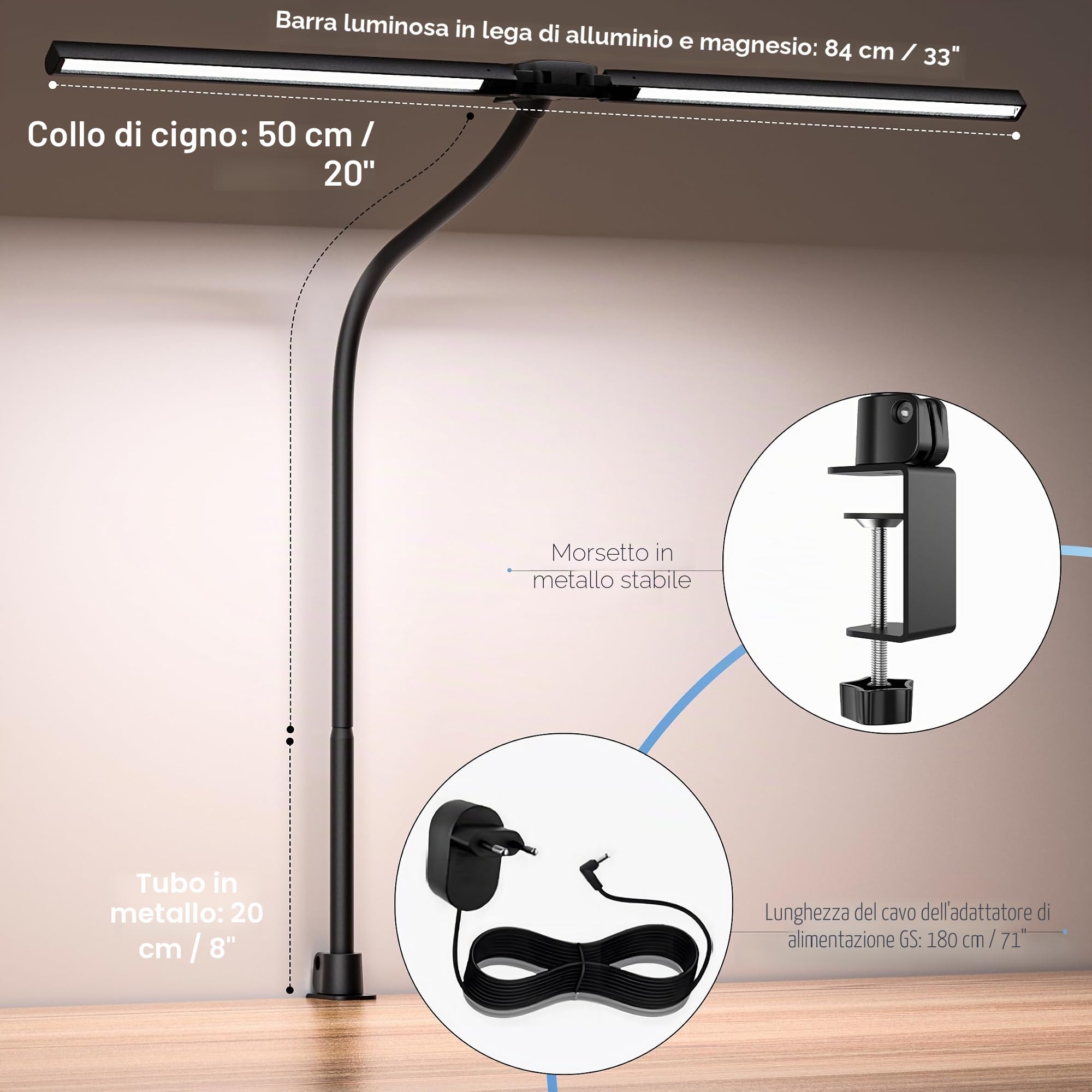 EYOCEAN Lampada da scrivania a doppia testa con clip, 24 W, 80 cm, luce diurna da scrivania con telecomando, lampada da monitor dimmerabile, collo d'oca, protezione degli occhi, colore nero