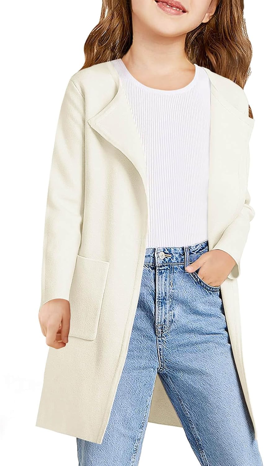 Haloumoning Girls Open Front Cardigan Casual Long Sleeve Knit Sweater Kids Fall Solid Cute Outerwear Coat 5-14Y