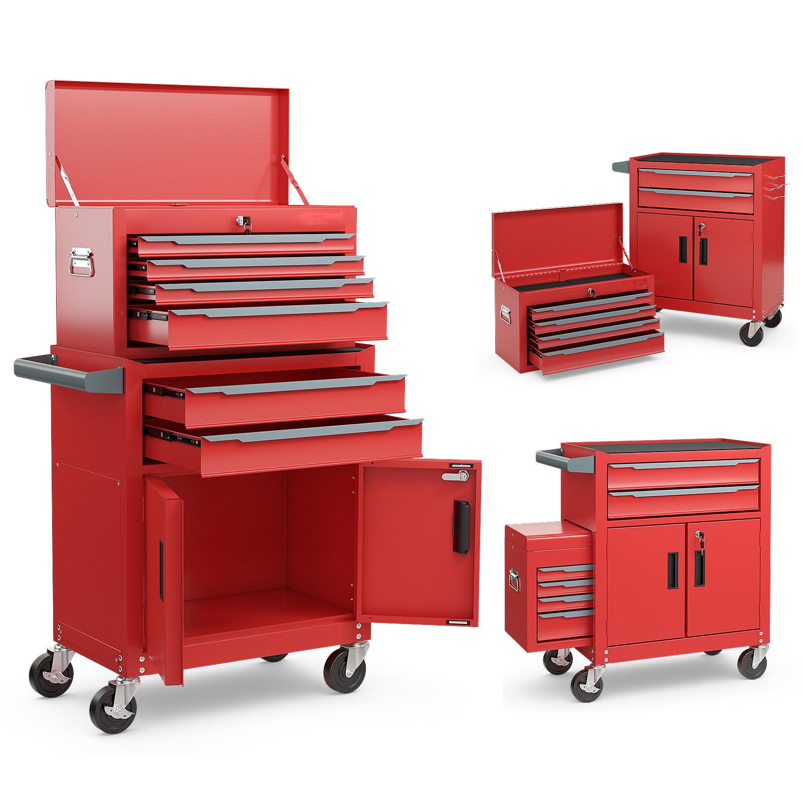 COSTWAY Large Tool Cabinet, Lockable Metal Tool Chest Combo with Detachable Top Cabinet, Wheels, 6 Drawers & Hooks, Heavy-duty Rolling Toolbox Trolley (2-in-1, Red)