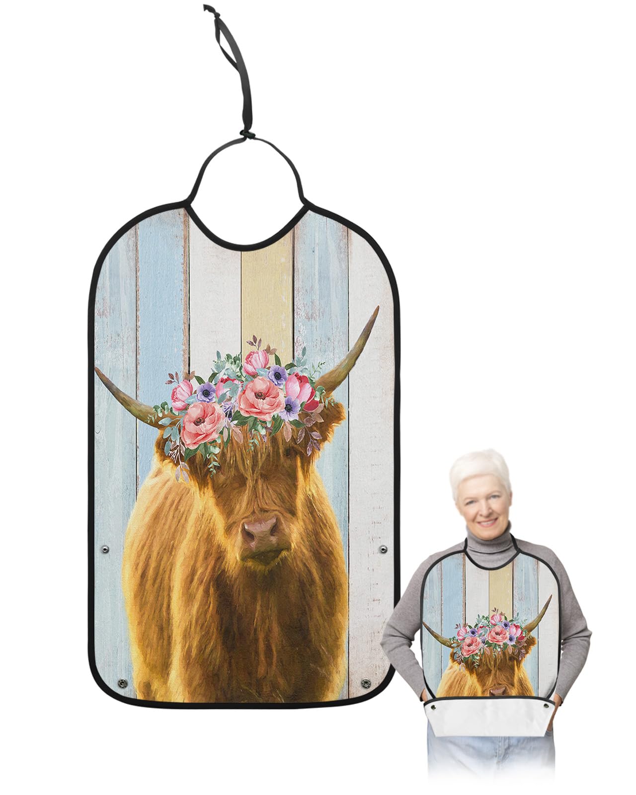LEOKOTI Farmhouse Cow Adult Bibs for Eating, Waterproof Bibs with Food Catcher & Adjustable Snap Closure, Wreath Rustic Cream Wooden Washable Clothing Protectors Adult Bibs for Elderly Women/Men