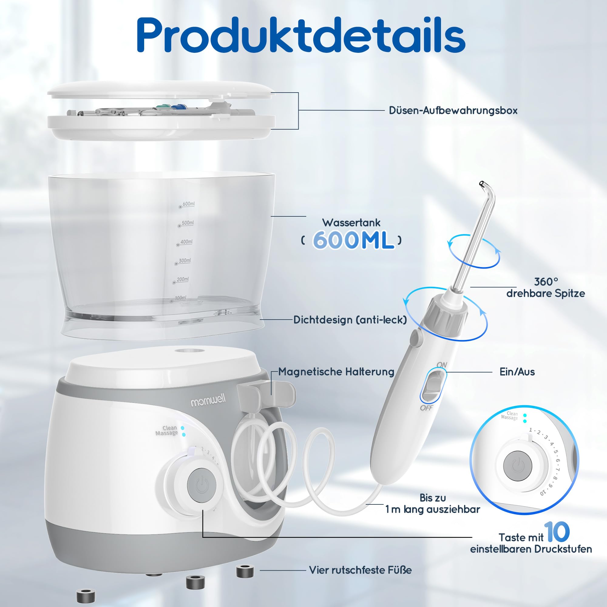 Mornwell Idropulsore Dentale Professionale Elettrico con 10 Livelli di Pressione, 6 Ugelli, 2 Modalità & Serbatoio 600ml, con Timer Integrato (Large A)