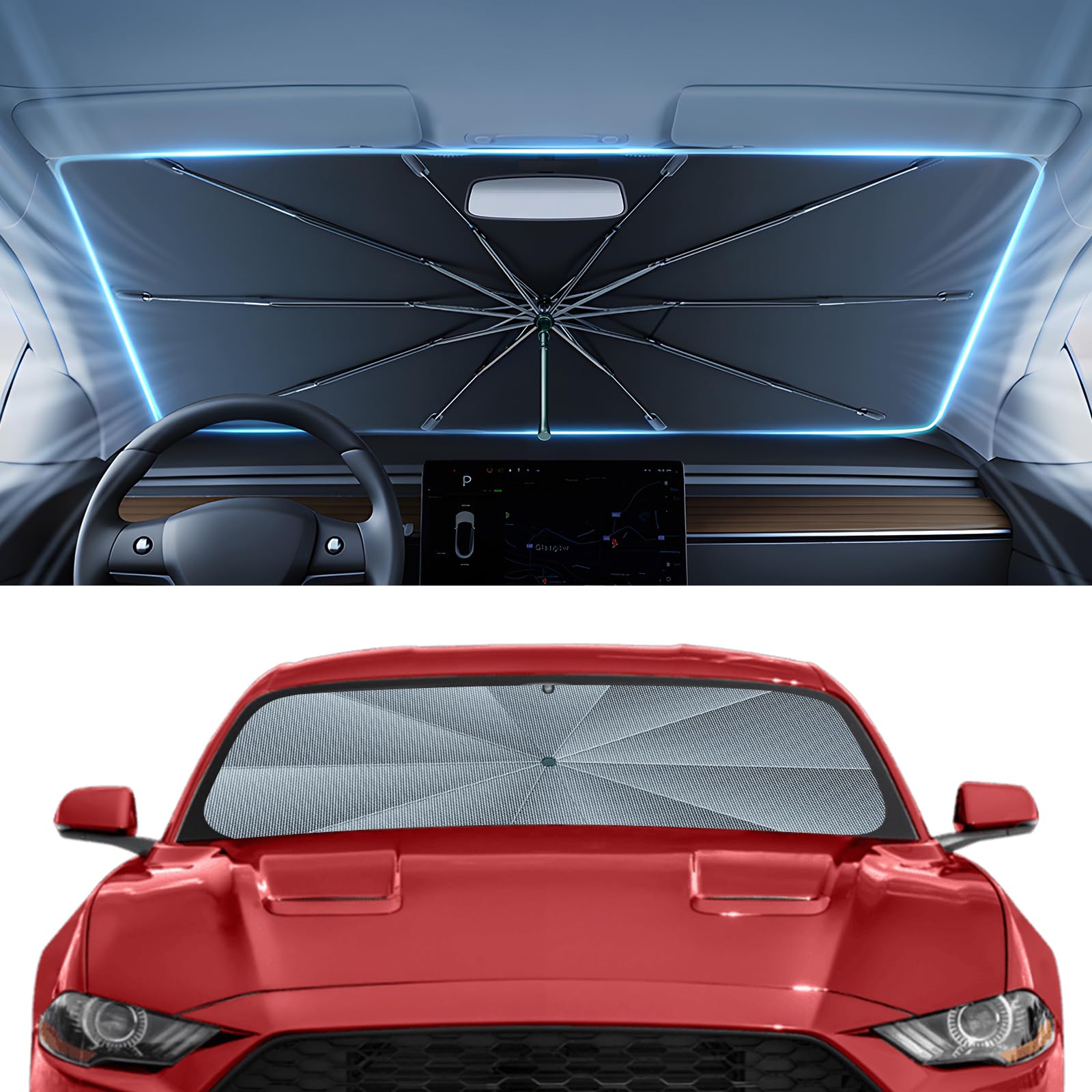 Autorder Windshield Sun Shade Umbrella for 2015-2026 Ford Mustang Accessories,Upgraded Ice Crystal Material,Easy Setup Umbrella Sunshade for Car Windshield,100% Sun Blocking