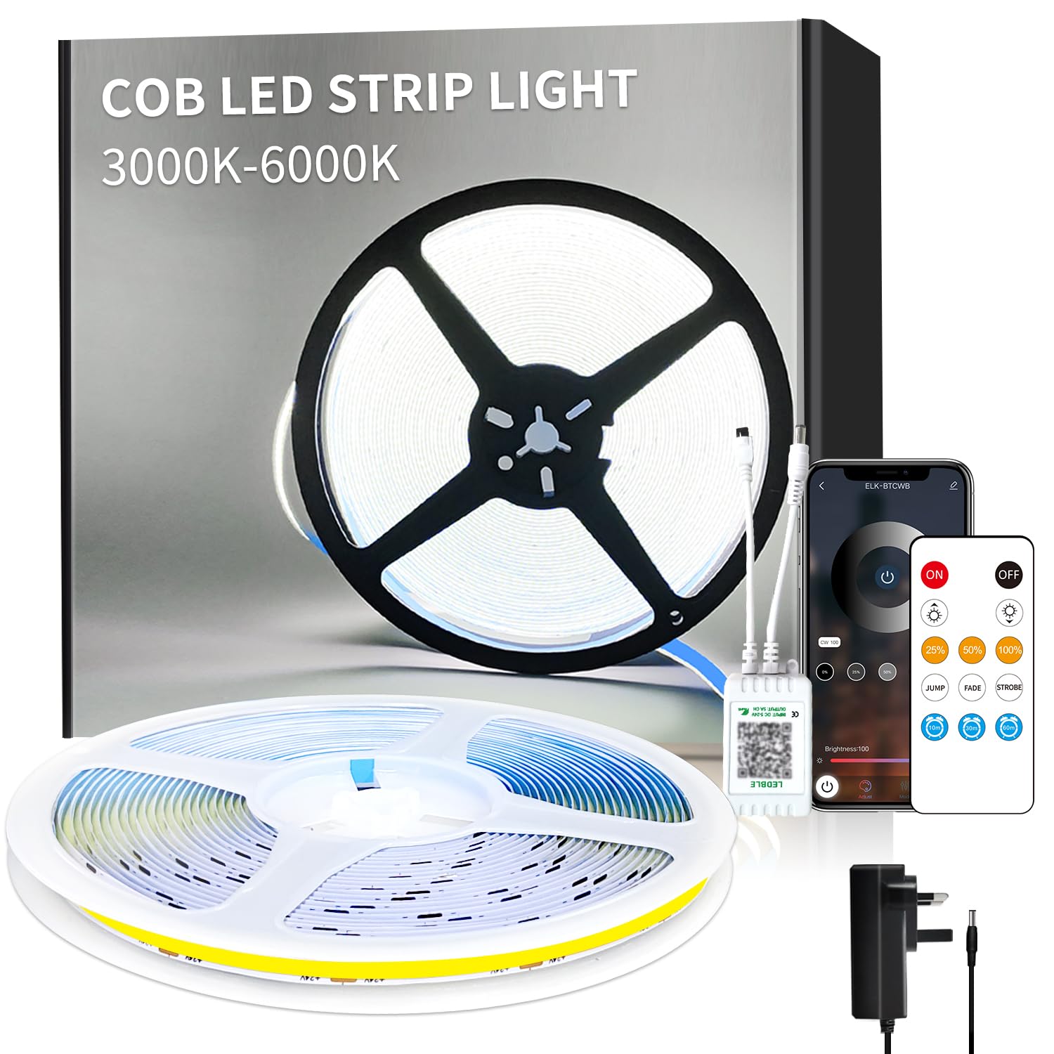 Yeewhale 20M COB LED Strip Lights 6000K 24V Dimmable White LED Strip Kit, with Remote and app Control and UKCA Power Supply LED Tape Lights for DIY Home Decoration