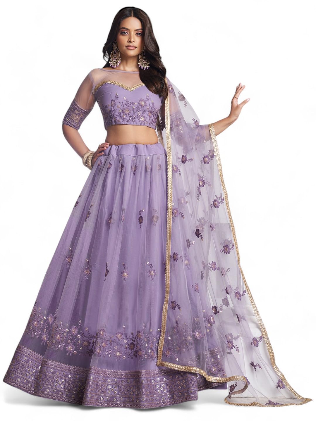 Women's Cotton Thread Sequins Work Embroidery Soft Net Readymade Lehenga Choli Set With Dupatta (Nfh-2202-Lavender-Women-Lehenga-Choli-Latest; Free Size)-image-39