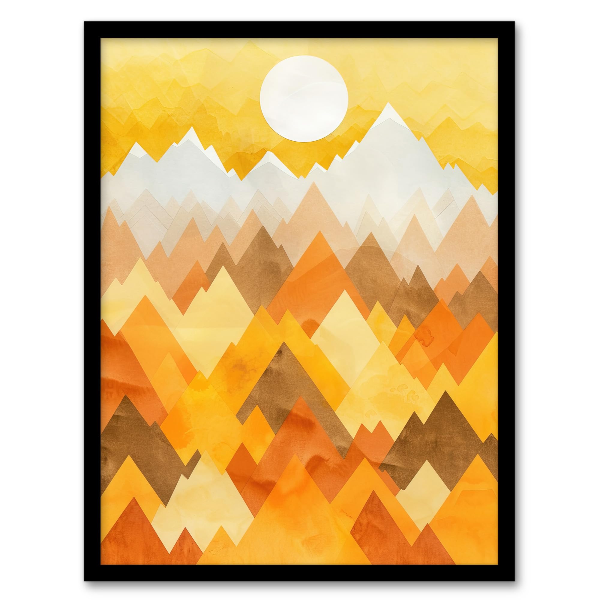 Geometric Framed Wall Art - Sunrise Over Himalayan Mountain Range - Mustard - A4 - Artery8