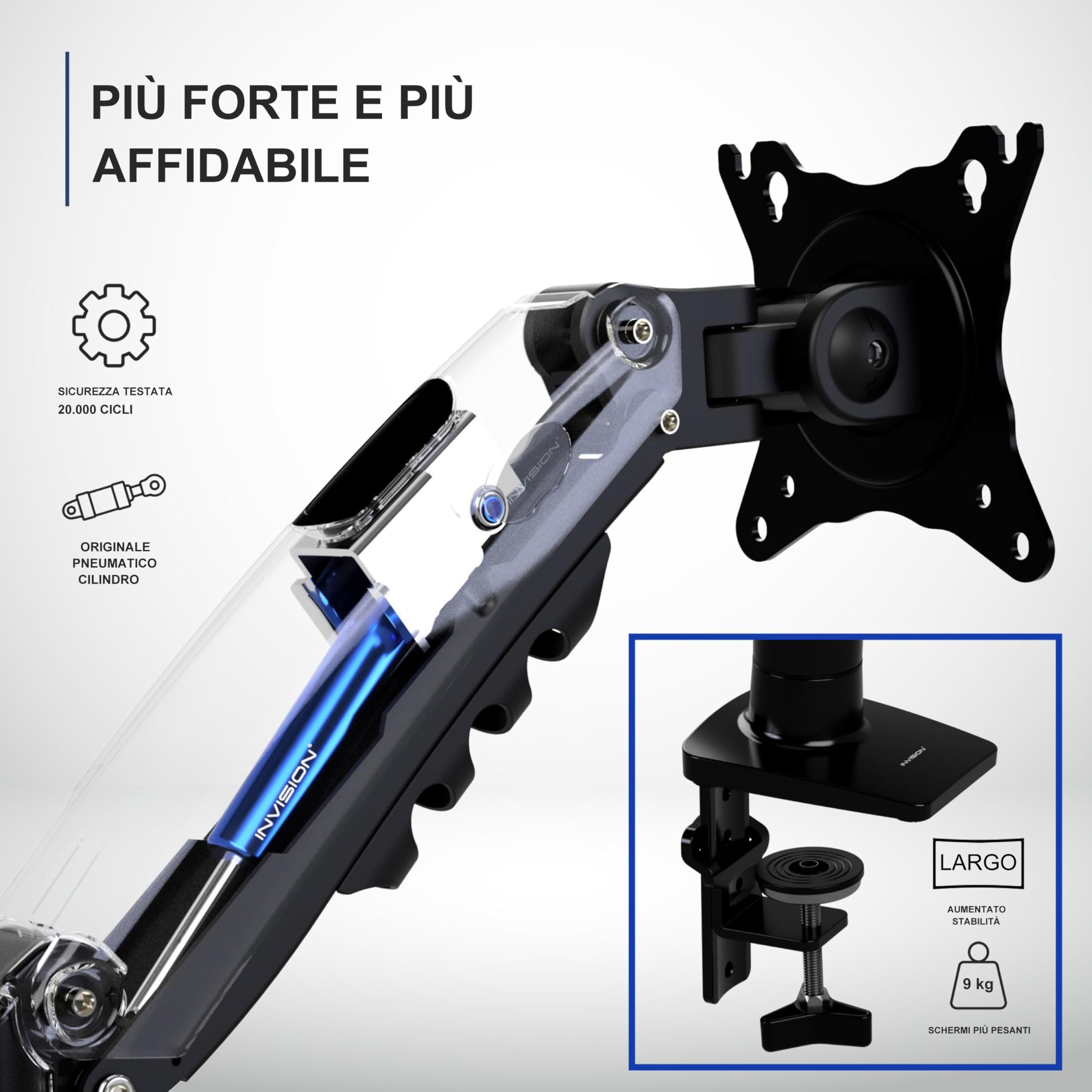 Invision Braccio Monitor Supporto Schermi 19-32 pollici, VESA 75/100mm, Morsetto Scrivania, Regolazione Dell'altezza con Inclinazione, Girevole e Ruota, Capacità di Carico 2-9kg MX200 Braccio Singolo