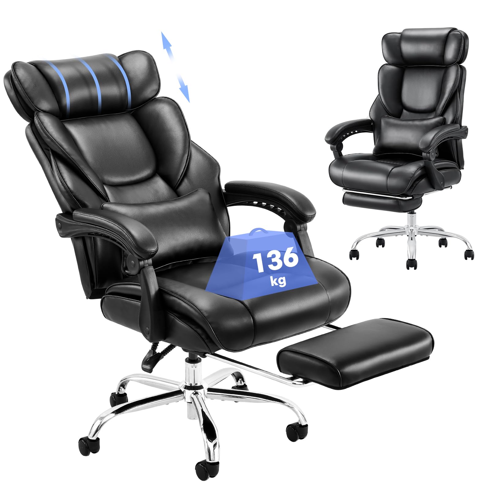 COLAMY Executive Office Chair for home - Ergonomic High Back Desk Chair with Footrest, PU Leather Computer Chair with Removable Lumbar Pillow(Black)