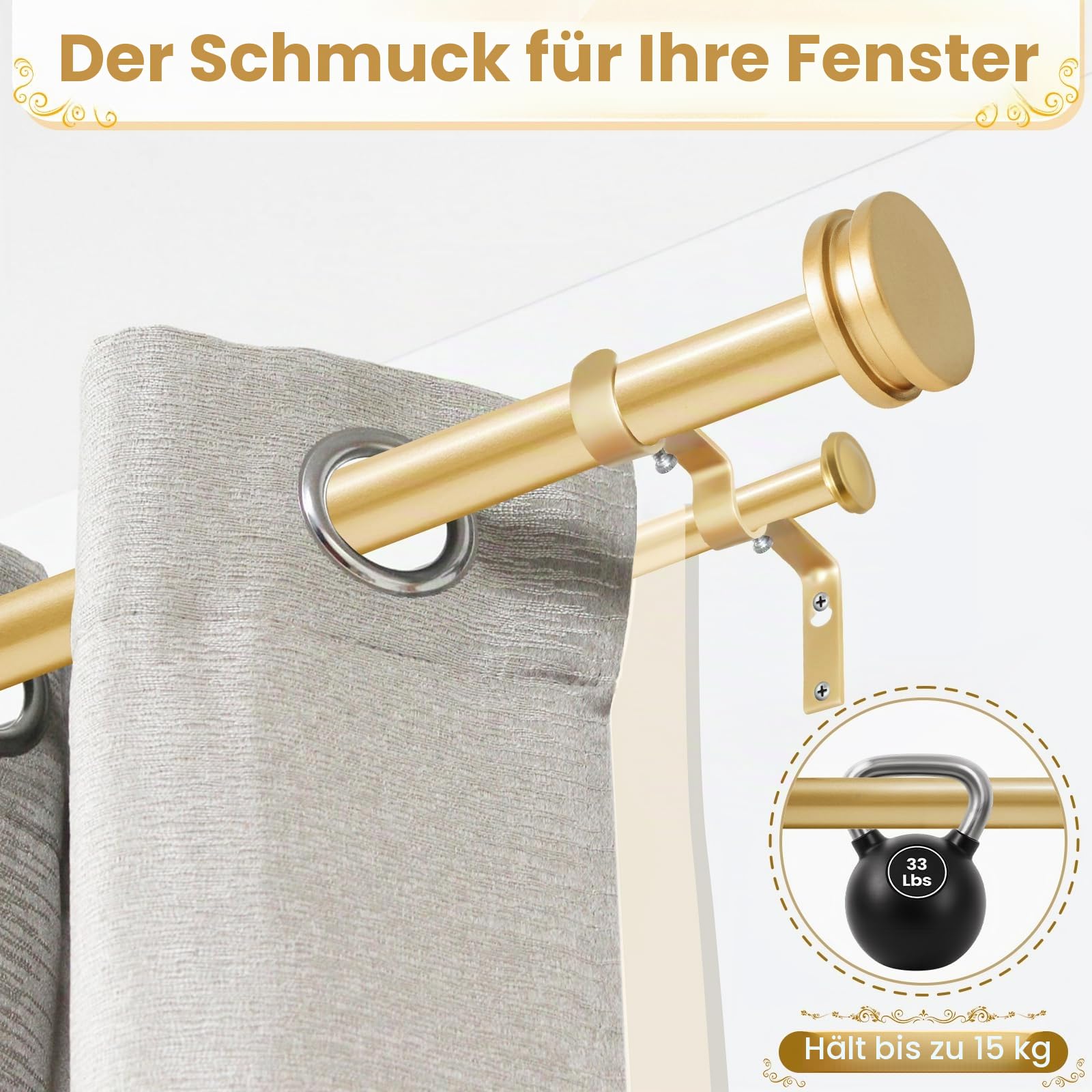 Doppel-Gardinenstange, 2,5 cm, goldfarben, 213,3 cm bis 305,5 cm, strapazierfähig, dekorative Gardinenstange für Fenster mit kleinem Endstück