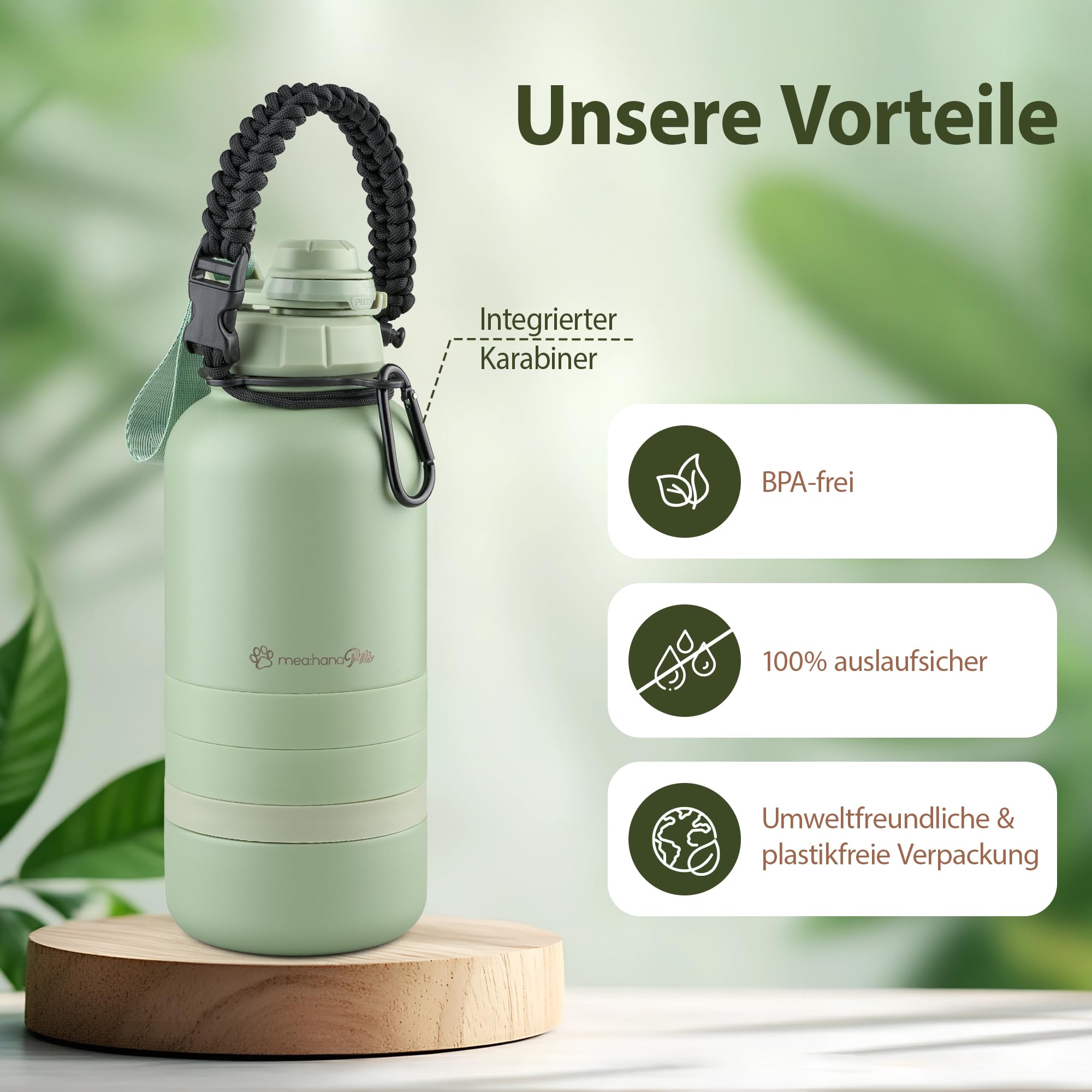 Pets Hundetrinkflasche für unterwegs 1l mit Näpfen -Ideal für Reisen,Outdoor- Isolierte Edelstahl Flasche mit Napf, Hundezubehör, Hundeflasche mit Futterbehälter - GRATIS Tragegriff