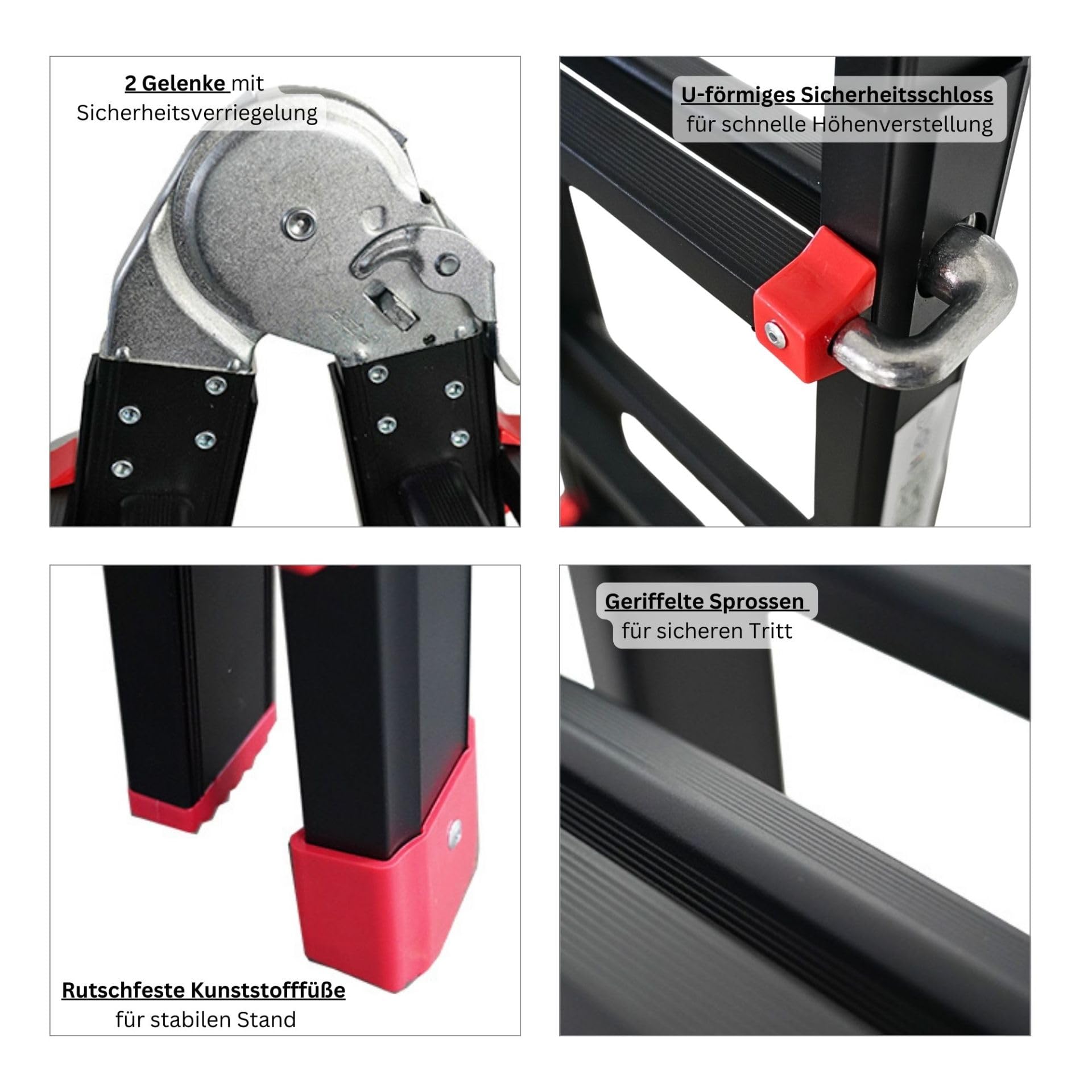 PROREGAL Sprossen-Mehrzweckleiter Apollo 3-in-1 Aluminiumleiter 4x4 Sprossen bis zu 3,7m Höhe Traglast 150kg Schwarz Treppenleiter Klappleiter Teleskopleiter Stehleiter Anlegeleiter