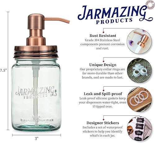 Miniatura 2 de Jarmazing Products Dispensador de jabón y loción en tarro de vidrio azul vintage, paquete de dos unidades, cobre