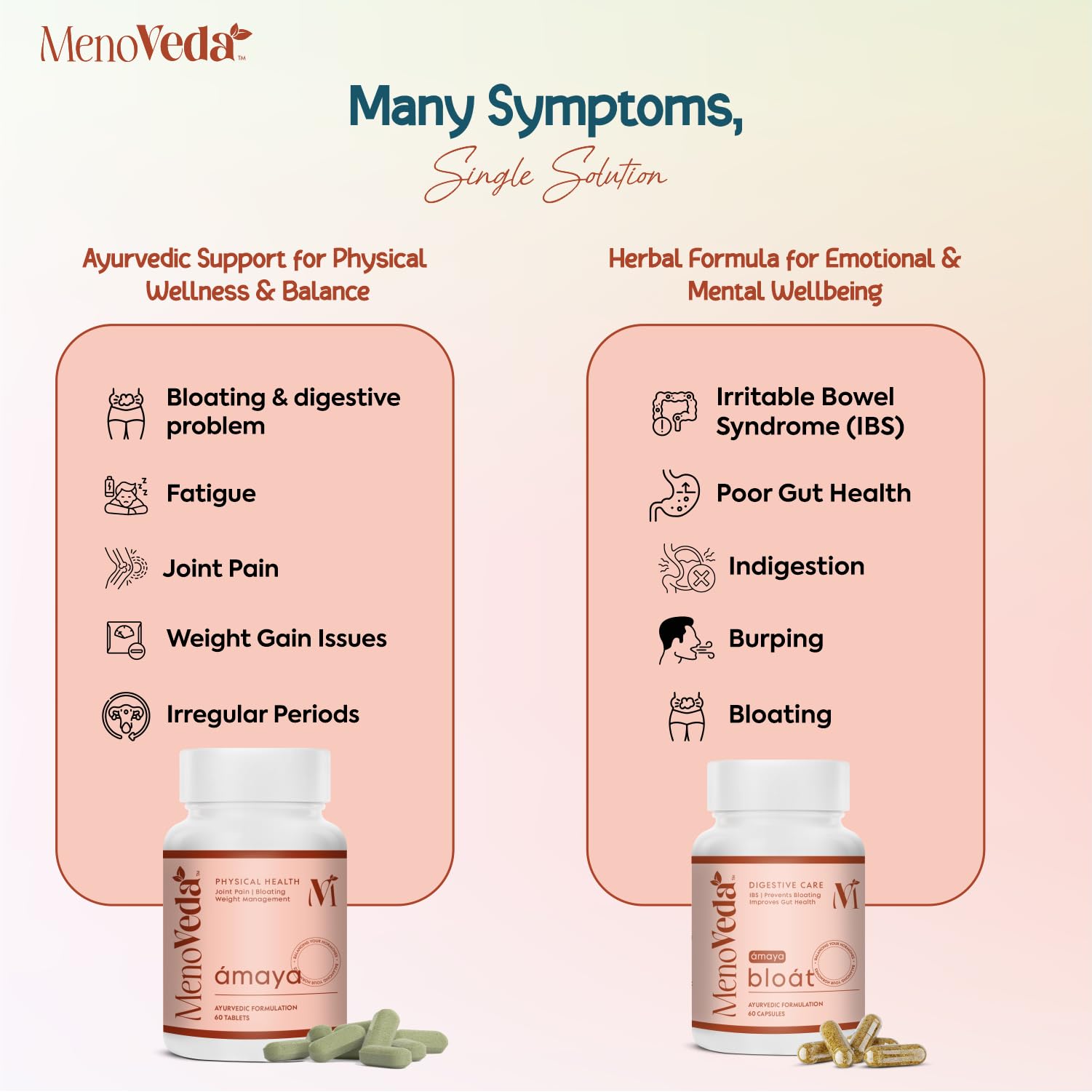 Menoveda Amaya & Bloat Combo | Ayurvedic Multivitamin For Women 40+ Nearing Menopause - For Improved Joint health, Fitness, Strength, IBS & Gut Health | Reduces Bloating & Indigestion - Pack Of 2