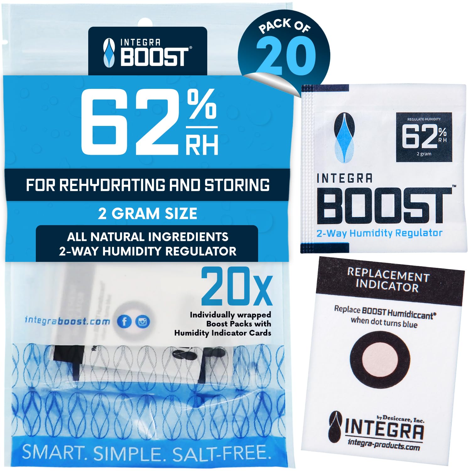 Integra Boost 62% RH Humidity Packs with 2-Way Humidity Control, Plant-Based, Salt-Free, 2 Gram, 20 Pack