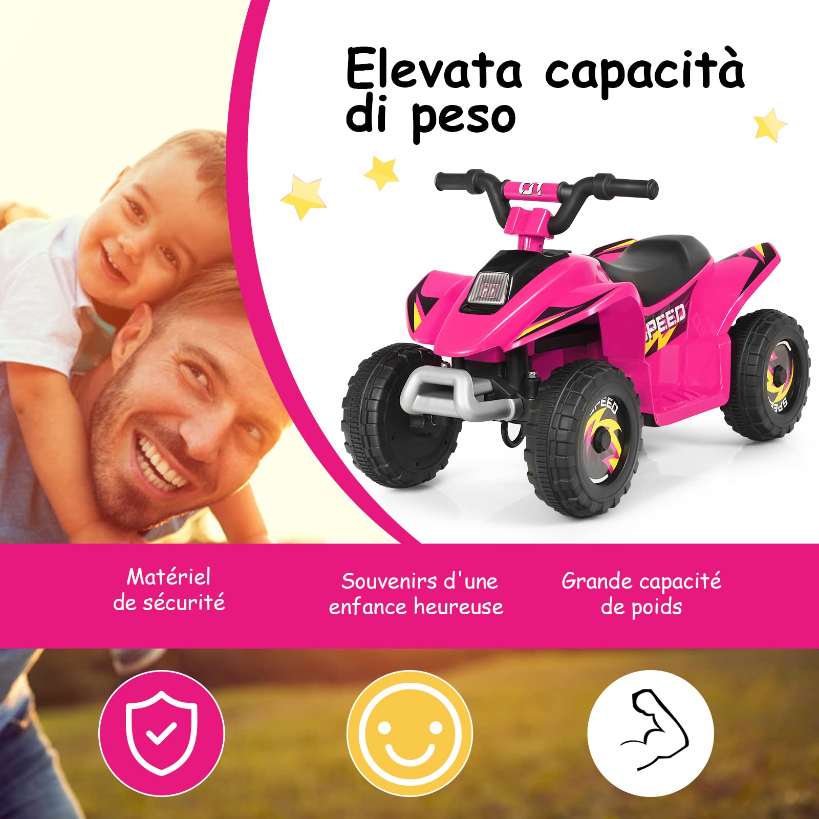 GOPLUS Voiture 4x4 Quad Buggy Electrique, Quad ATV 6V avec Marche Arrière et Frein Électrique, Avancer et Reculer, Contrôle par Poignée, pour Les Enfants de 3+ Ans (Blanc) (Rose)