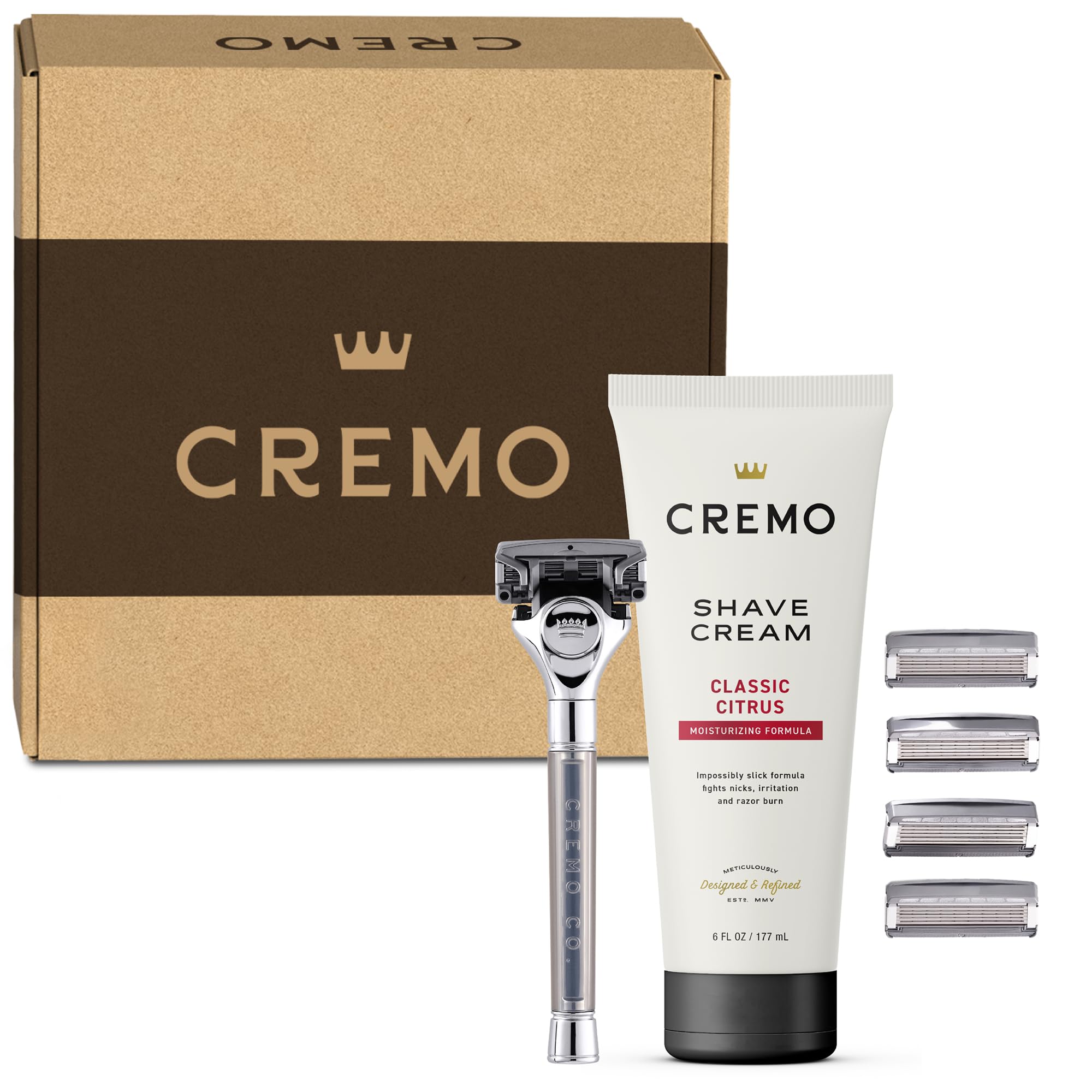 Cremo Original Shave Gift Set for Men, includes Impossibly-Slick 6 oz Shaving Cream, Chrome Barber Grade Razors for Men and four Razor Blades Refills