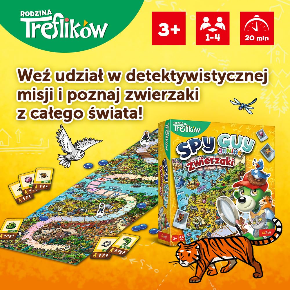 Trefl - Spy Guy Junior Zwierzaki - Kooperacyjna Gra Detektywistyczna dla Najmłodszych, Rodzinna Planszówka, Szukaj Dowodów i Złap Przestępcę, Poznawaj Zwierzęta, Ogromna Plansza, dla Dzieci od 3 lat