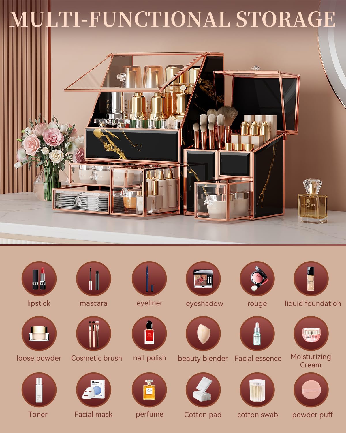 CoralHouse Glass Makeup Organizer with Lid, 3-Piece Vanity Storage Set