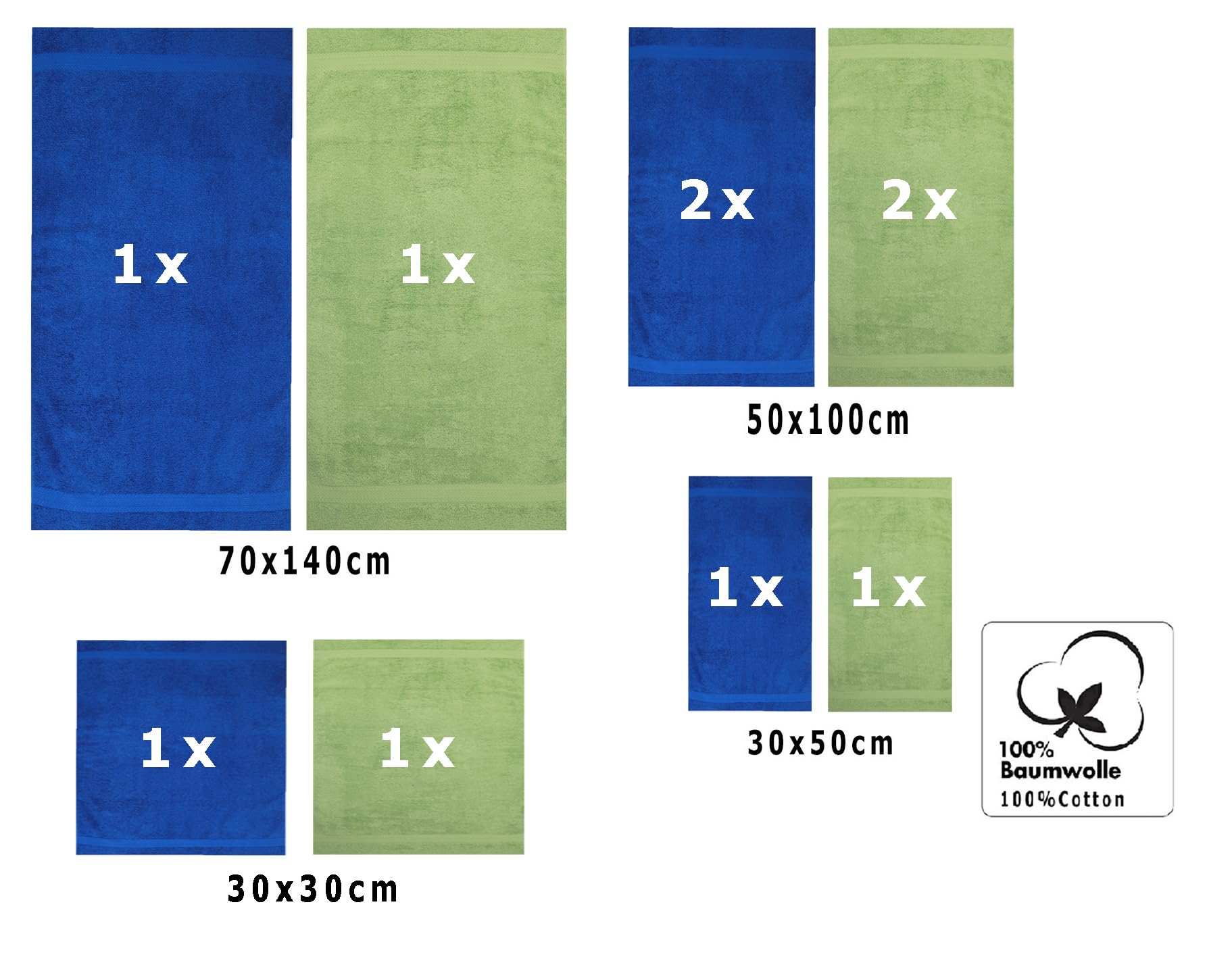 Betz Juego de 10 Toallas Classic 100% algodón 2 Toallas de baño 4 Toallas de Lavabo 2 Toallas de tocador 2 Toallas faciales Azul y Verde Manzana