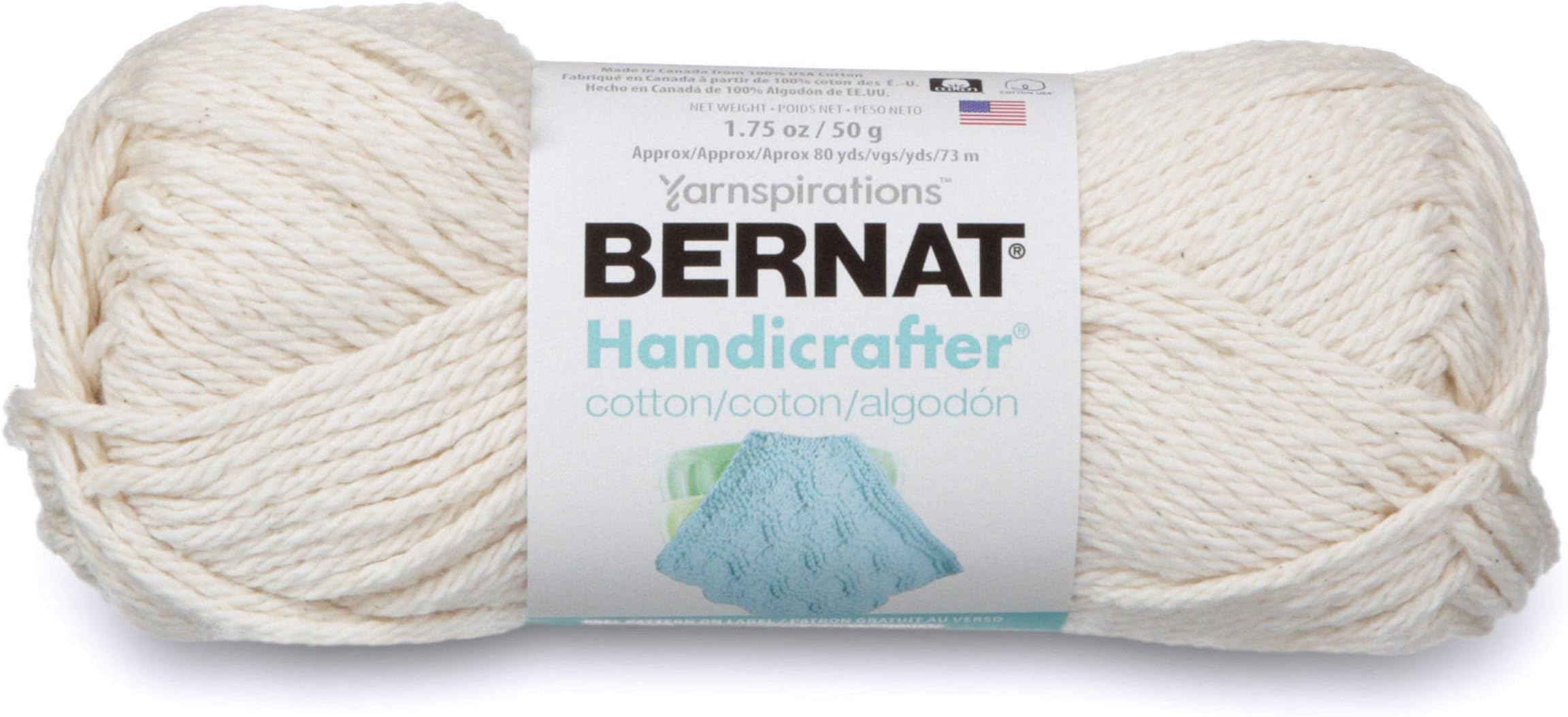 Bernat Handicrafter Cotton Solids Yarn, 1.75 oz, Gauge 4 Medium, 100% Cotton, Off White