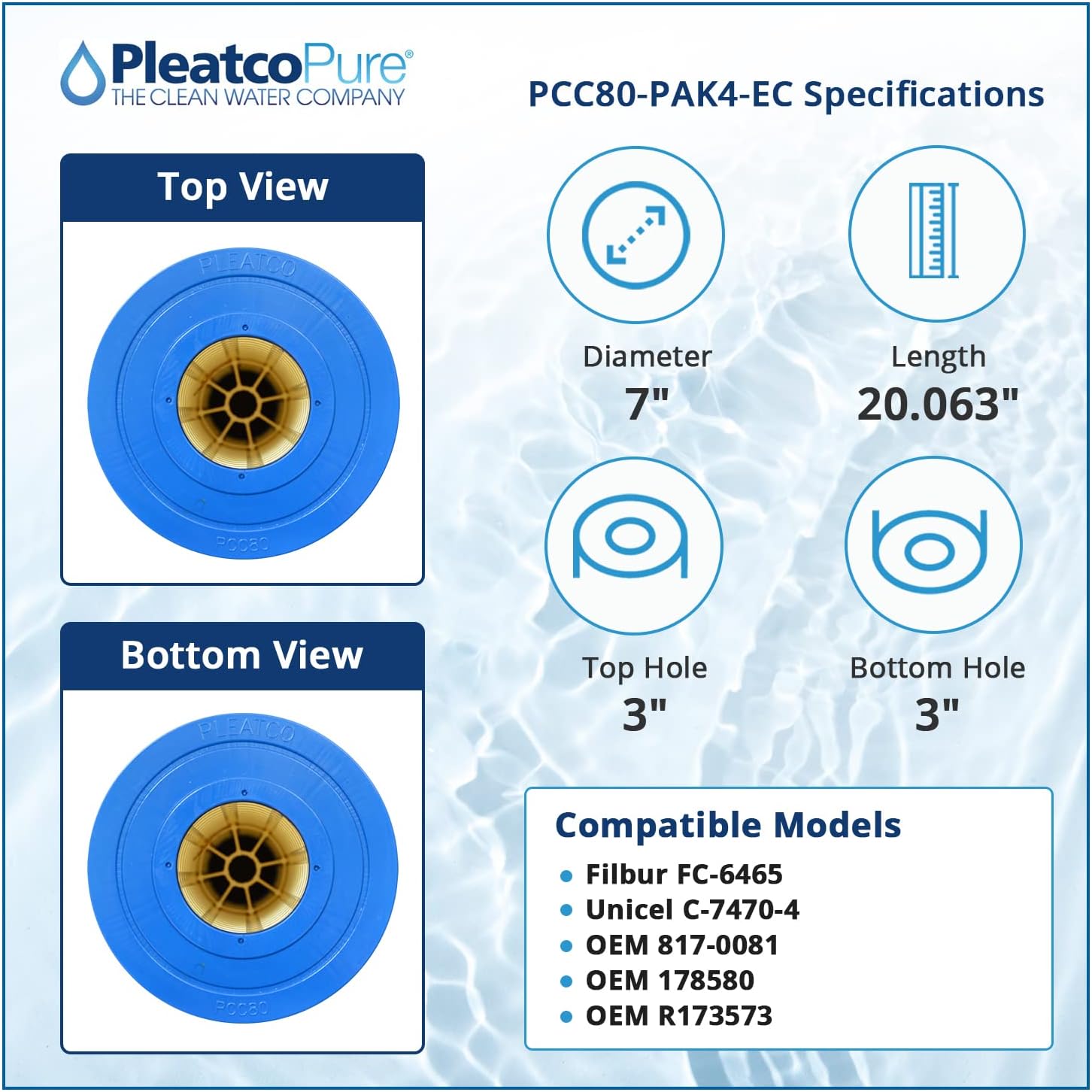 Pleatco PCC80-PAK4-EC Pool Filter Cartridge Replacement for Unicel: C-7470-4, Filbur: FC-6465, OEM Part Numbers: 817-0081, 178580, R173573, White