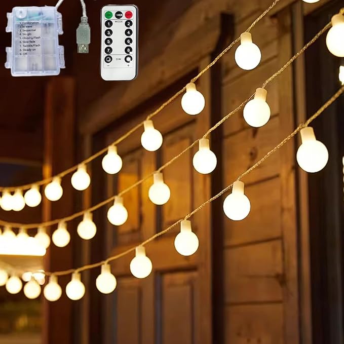 Battery Operated & USB Powered 2 in 1 Globe String Lights with Remote, 19.7 FT 40 LED Waterproof Timer 8 Modes Fairy String Lights for Christmas Party Patio Indoor Outdoor, Warm White, 6M