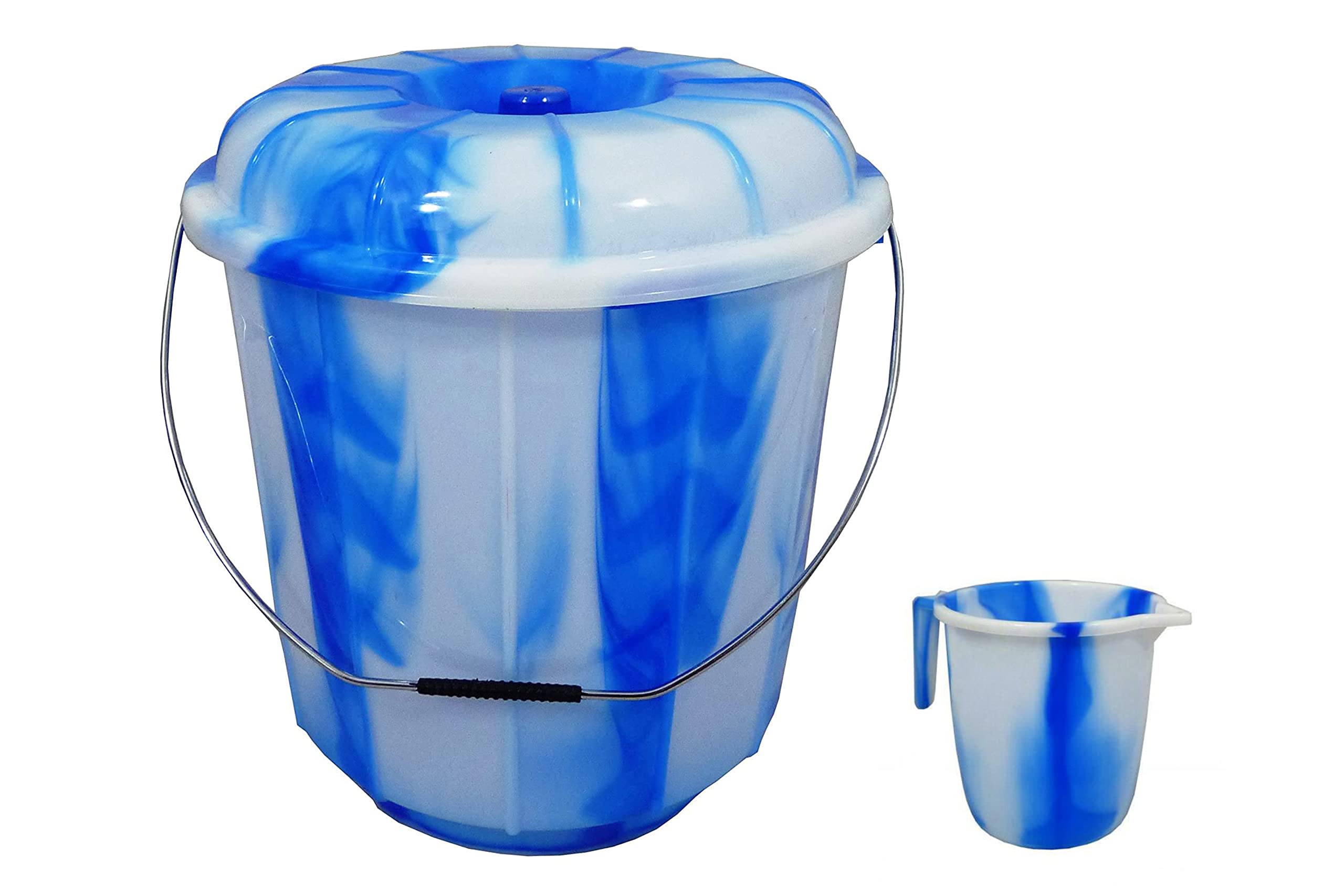 Set of 2- Tiedye Design 25L Litre Extra Large Bucket Bin Lid With 1.5L Plastic Water Jug with Handle and Spout Kitchen Plastic Mugs for Bathroom/Home/Kitchen (Blue)
