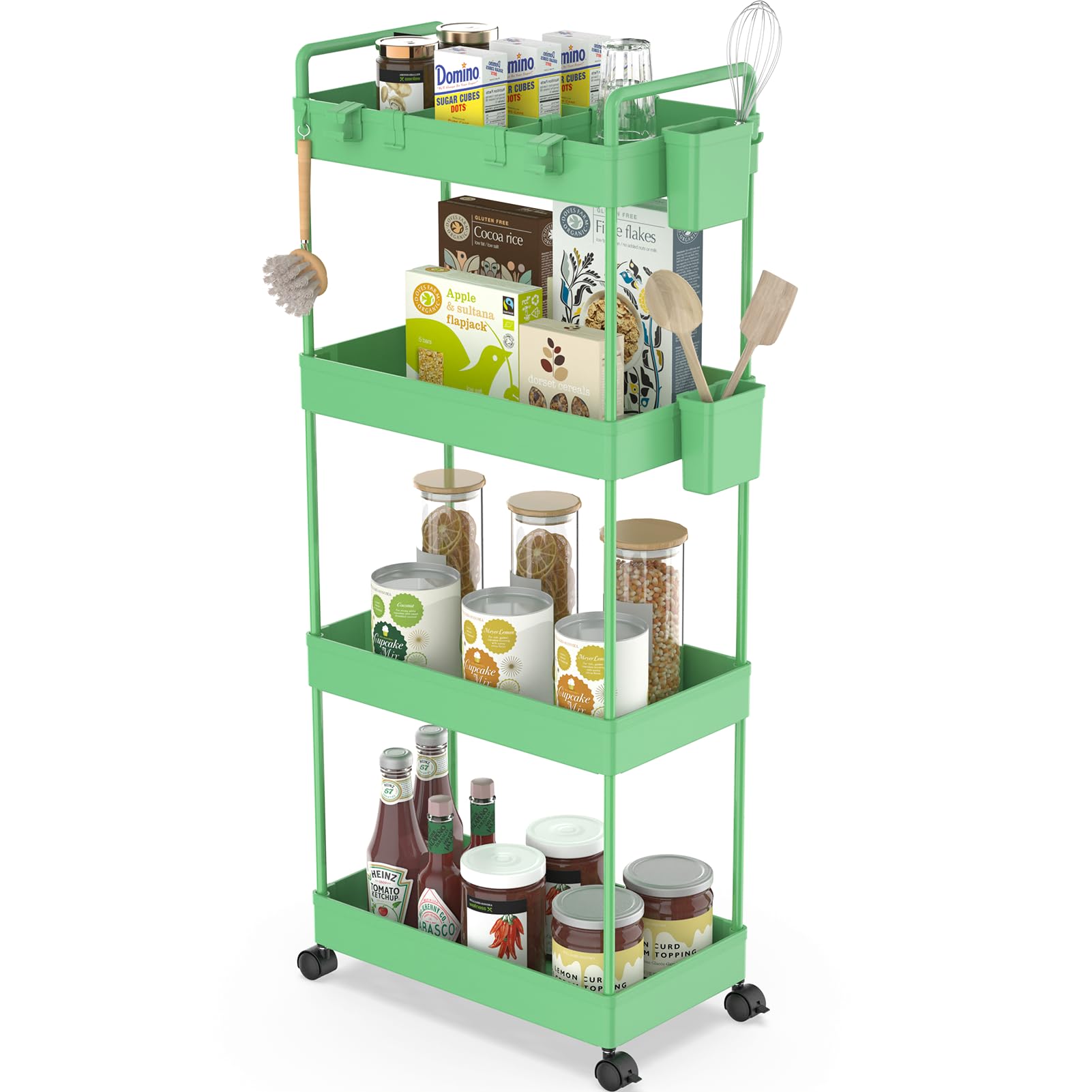 Ronlap Rollwagen Küchewagen mit 4 Ebenen, Servierwagen mit Aufhängebecher, Separator, Haken, Regal auf Rollen für Küche, Schlafzimmer, Büro, Grüner