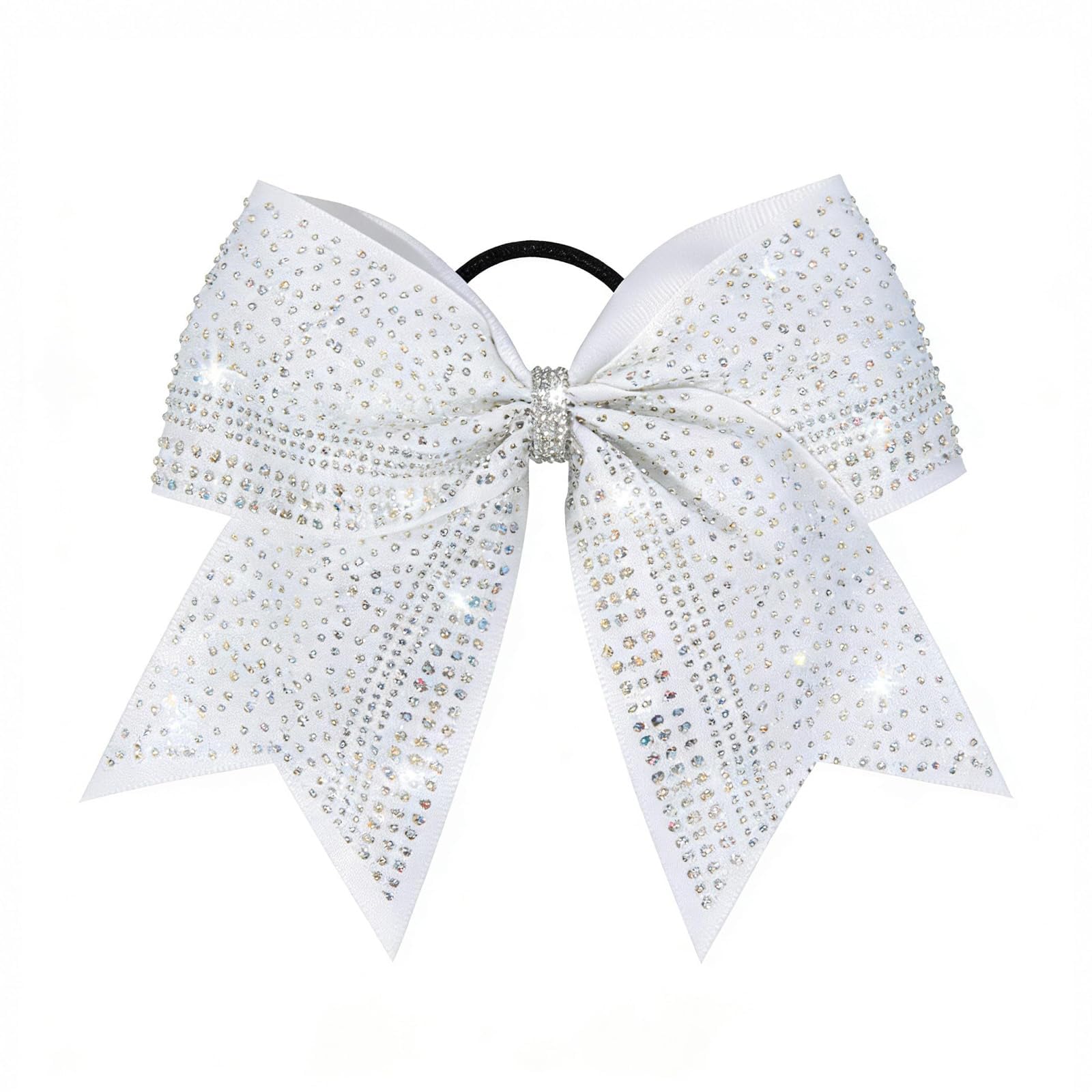 View 1 of 1 PCS 8" Large Glitter Cheer Bows Rhinestones White Hair Accessories Shimmering Elastic Band for Athletes College Sports Teams Specific Gifts Sparkling Ponytail Holder
