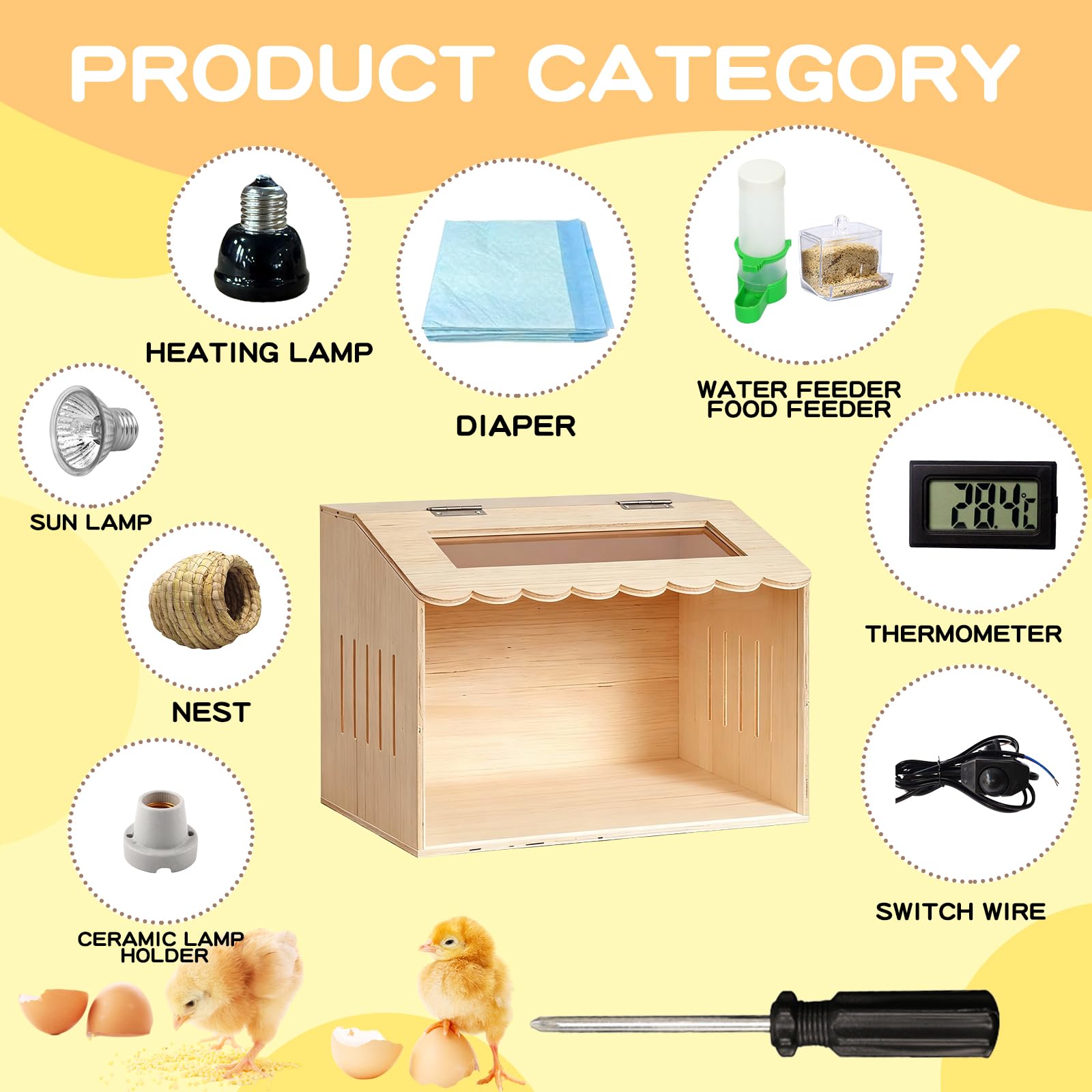 Kit de caja de madera para criar pollos con lámpara de calefacción, termómetro, alimentadores de alimentos y agua, 15.7 x 11.8 x 11.8 pulgadas, juego completo de guardería para mascotas pequeñas con