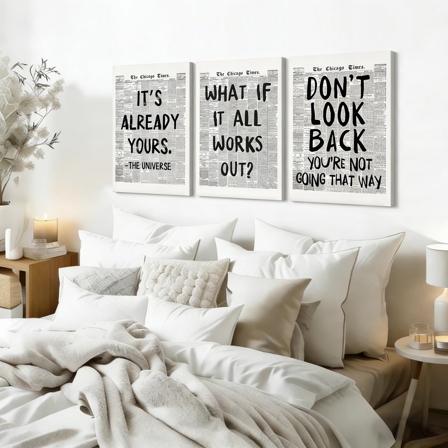 3Pcs Of Black And White Retro Newspaper Canvas Wall Art Fashion Inspirational Quotes Wall Decoration Positive Affirmation Quotes Pictures Paintings Minimalist Posters Prints Decoration 16x24 Inch