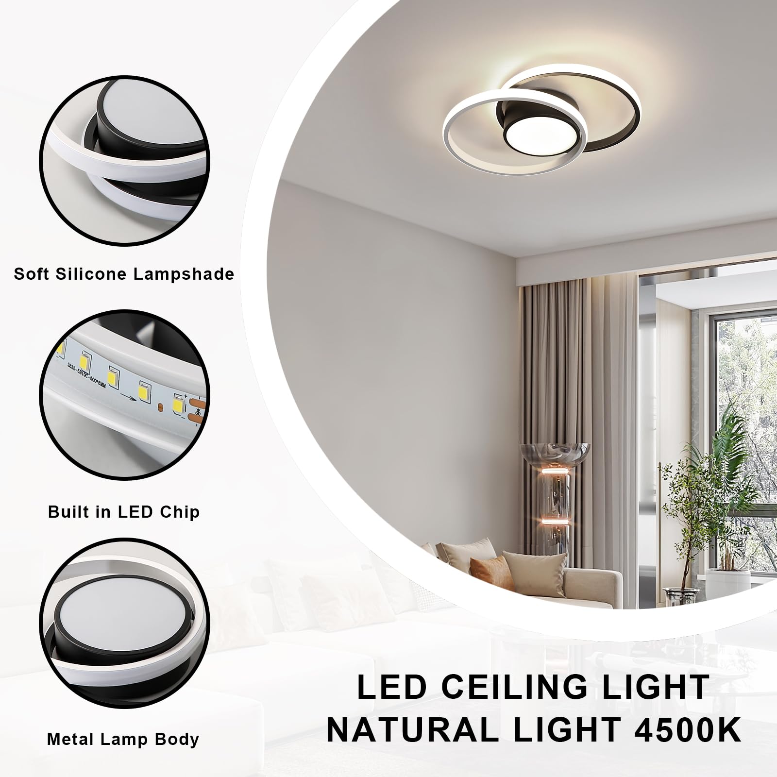 Comely Lampa sufitowa LED, okrągła lampa sufitowa 42W, nowoczesna lampa do przedpokoju, łazienki, kuchni, salonu, naturalne światło 4500K, średnica 40 cm, czarna i biała