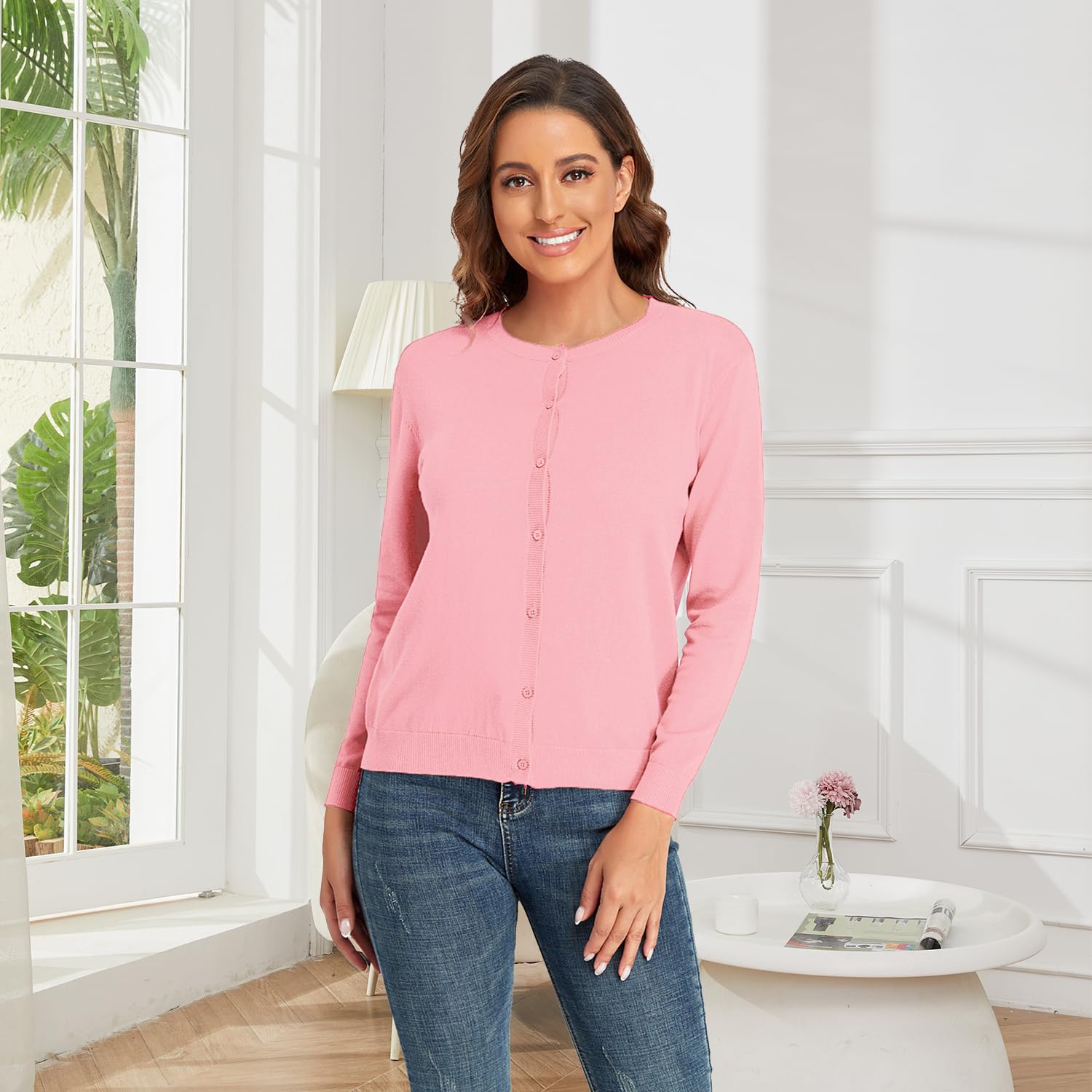 CUNYI Cardigan Donna Maglia con Bottoni Girocollo Classico Manica Lunga Giacca Cappotto Elegante, Rosa M