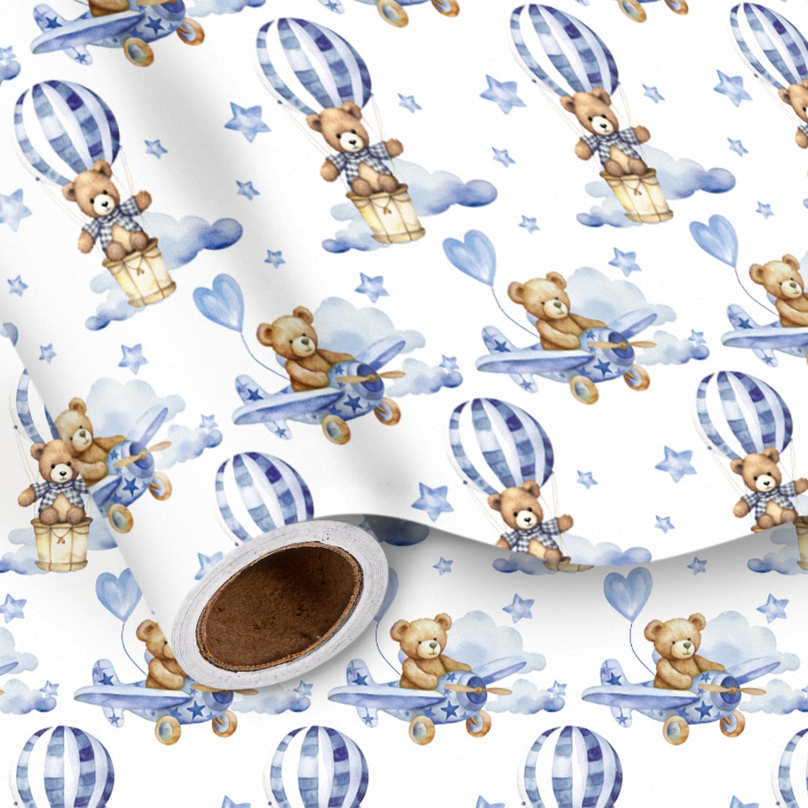 LeZakaa Baby Bear Wrapping Paper Roll, Blue Teddy Bear in Hot Air Balloon Design for Baby Boy Birthday, Baby Shower, Mini Roll, 17 inches x 9.8 Feet
