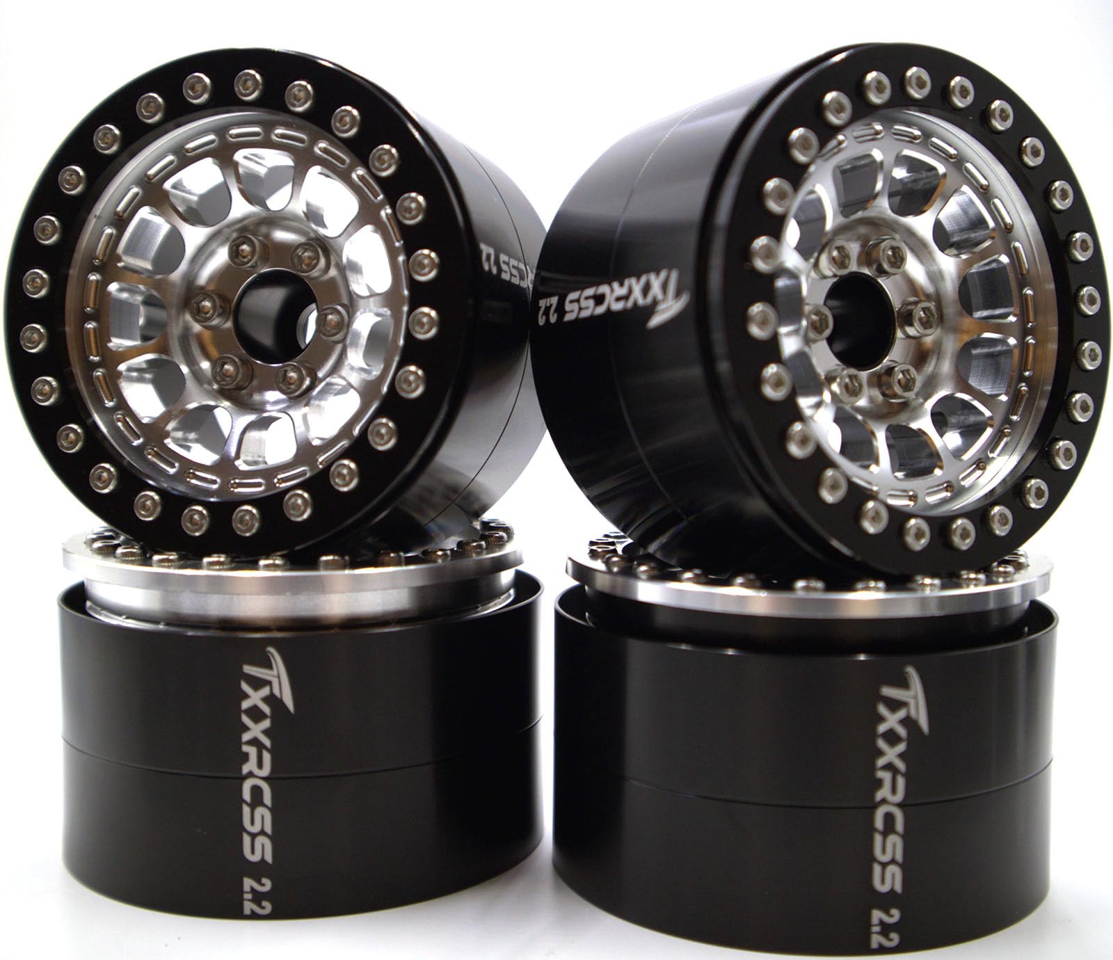 Txxrcss RC 2.2 Aluminum Alloy Beadlock Wheels and Tires Upgrades Accessories Rims for 1/10 SCX10 TRX4RC4WD and D90 RC Crawler Axial Remote Control Car (4pc) (Black Silver)