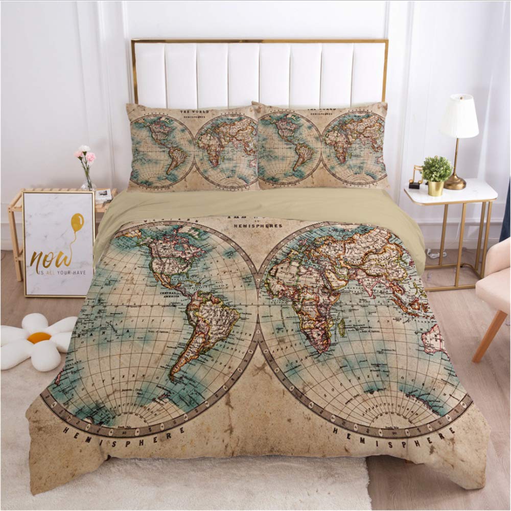 Housse de couette carte du monde blanche 180x210 cm avec ses 2 taies d'oreiller