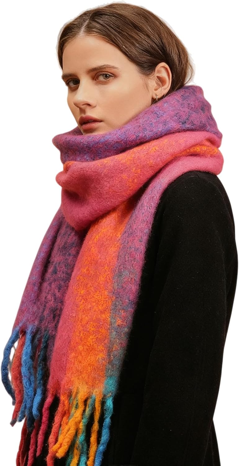 Womens Winter Scarf,Colorful Plaid Long Shawl Large Scarves Cashmere Feel Cold Weather Thick Blanket Scarfs - Image 2