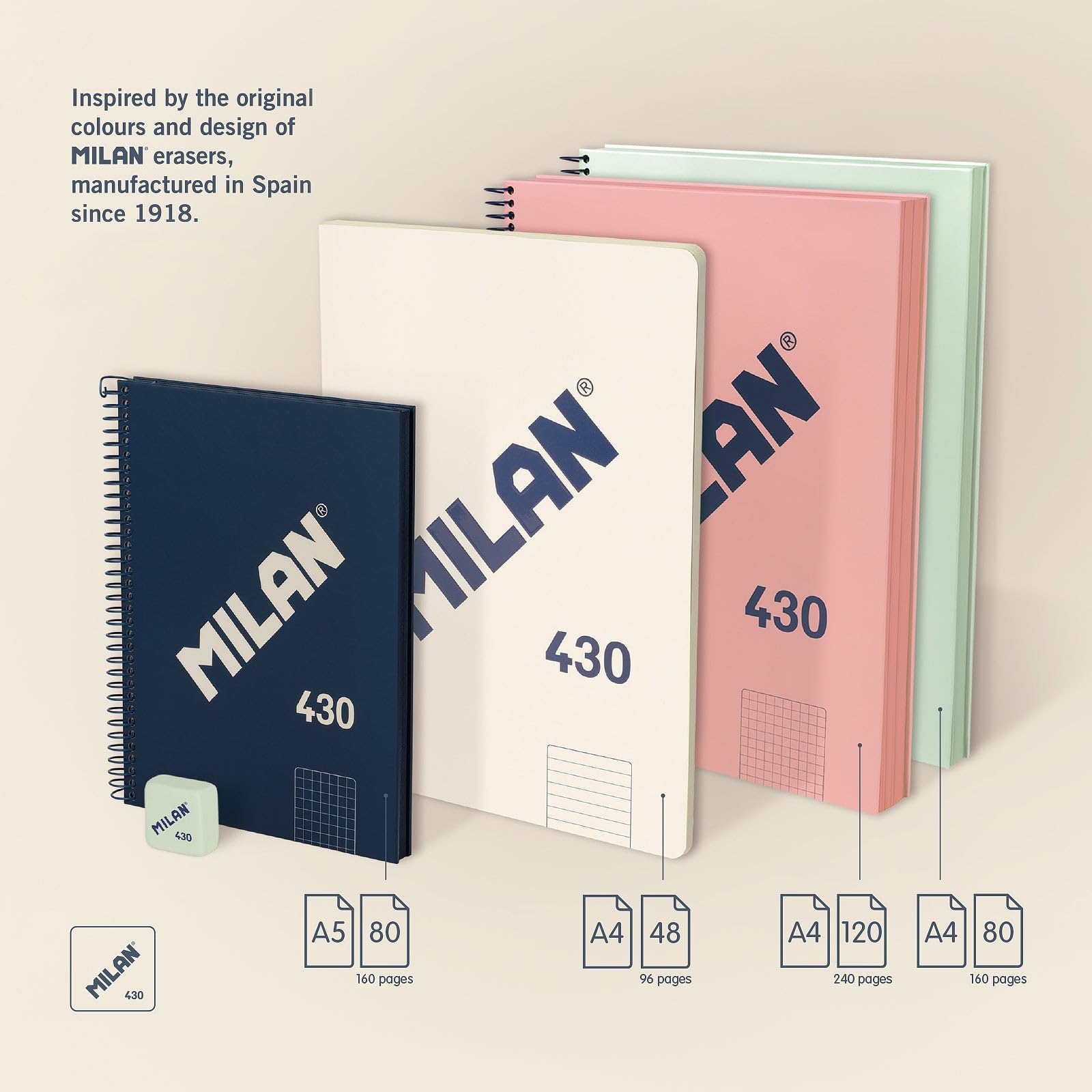 MILAN® Notatnik A4 w twardej oprawie, papier w kratkę (5 x 5 mm), 120 kartek po 95 gr/m², zeszyt gumowy 430, zielony
