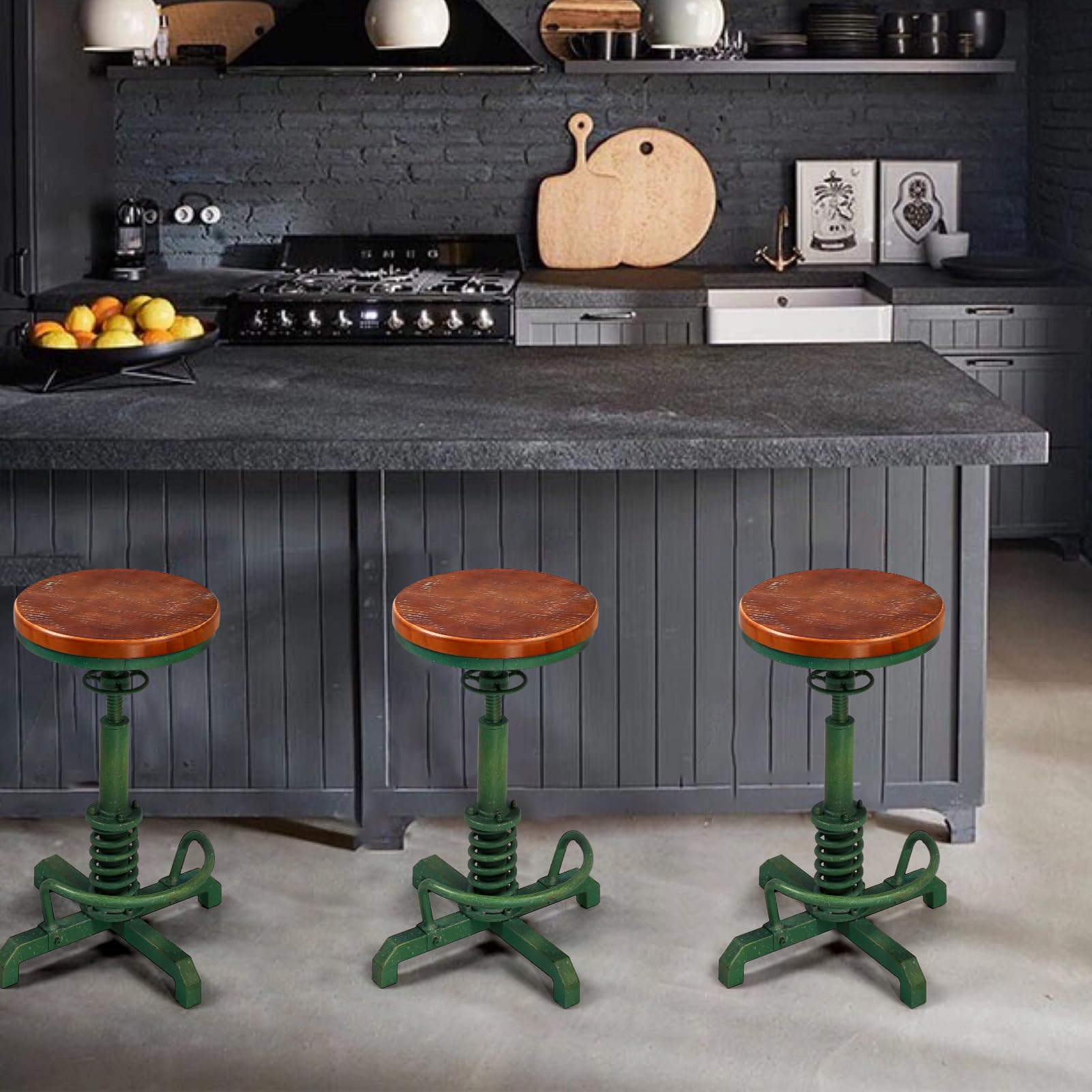 Industrial Retro Vintage Farm Asiento de madera Tractor Taburete Cocina Giratorio Altura Ajustable Taburete de bar Verde Antiguo 9