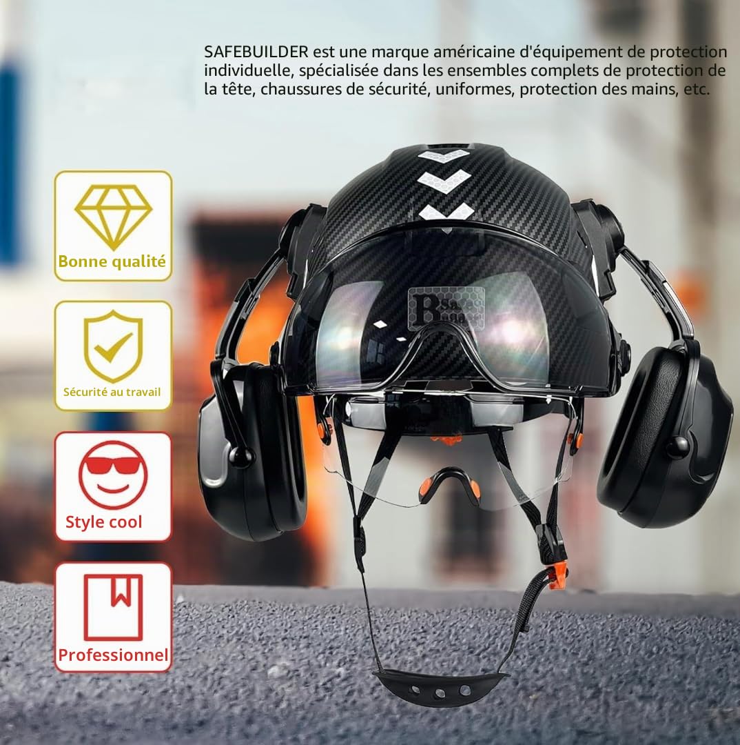 Casque de sécurité industriel en fibre de carbone avec double visière de protection pour les yeux, protège-oreilles, protection auditive, haute sécurité en ABS, casque de chantier ventilé